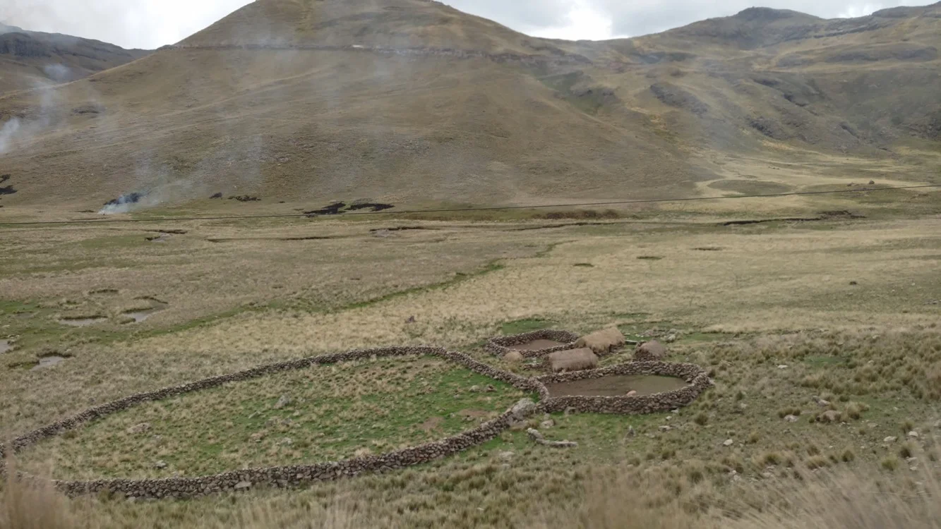 Stones, and a stone house with thatched roof. Another common house construction.