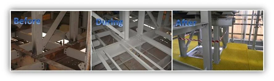 There are two copper sulphate dosing tanks in the Leach Plant. The previous steelwork of the first floor of the Leaching Plant Building, and the supports of the copper sulphate dosing tanks and the access platform were severely corroded and required immediate action for repairs and replacement.