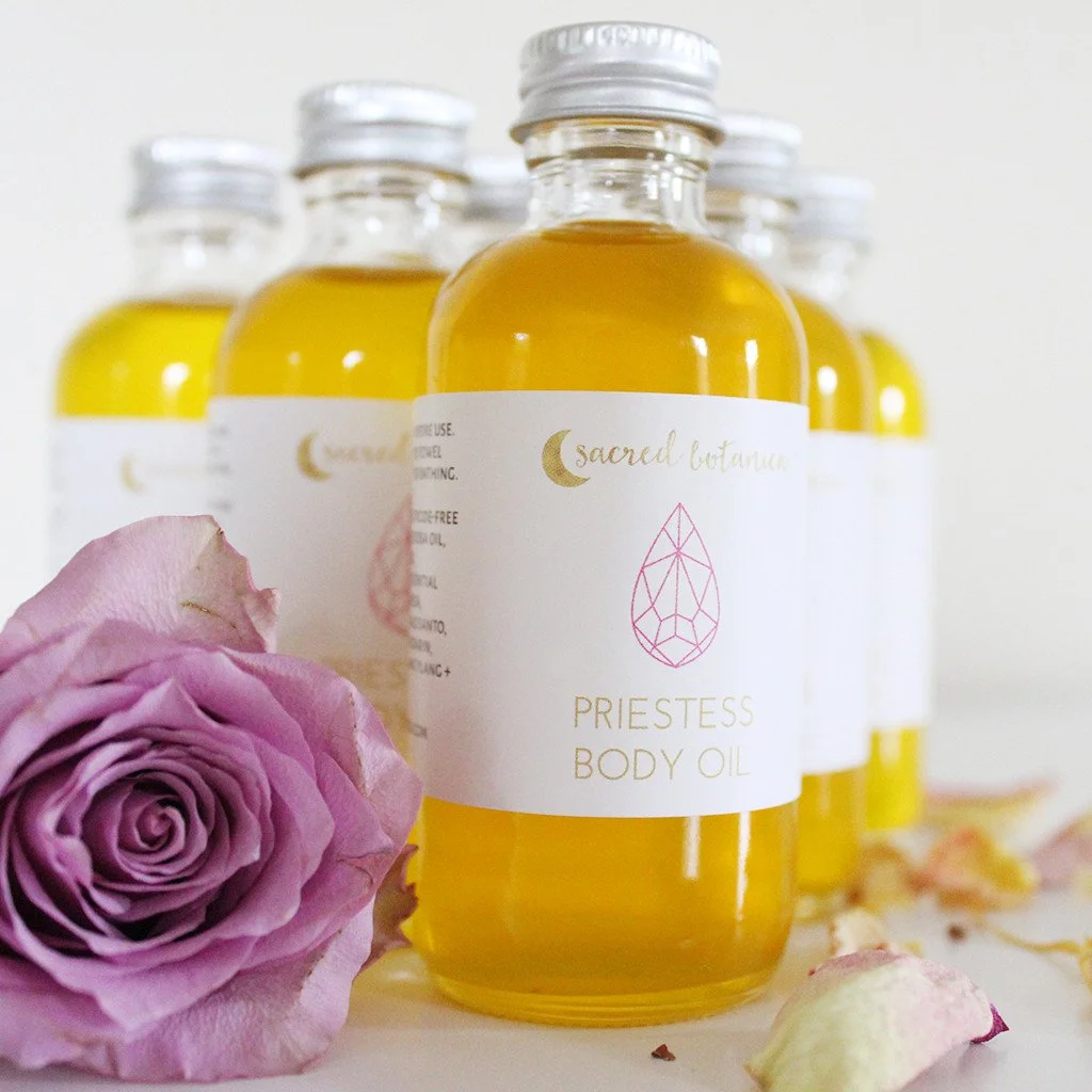 PRIESTESS BODY OIL $22.00 You are holy. You are sacred. You are divine. This body oil aligns with your strong priestess energy to remind you of your power to create + manifest...to bring medicine to your community...to live out your destiny in a fulfilling way. May you be inspired every time you catch a whiff of the gorgeous aroma of these sacred plants.