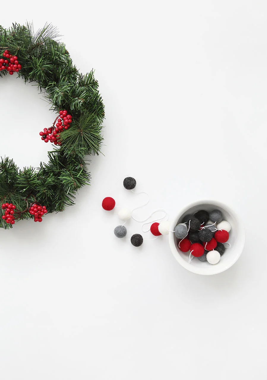 Modern Scandi Red Grey White Christmas Felt Ball Garland