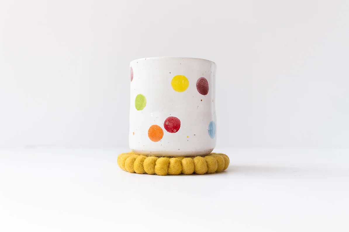 Mustard Yellow Pom Pom Coasters 10cm