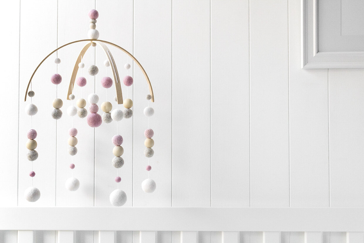 Dusty Pink and Grey Baby Mobile — The Felting Dorcas - Main Image