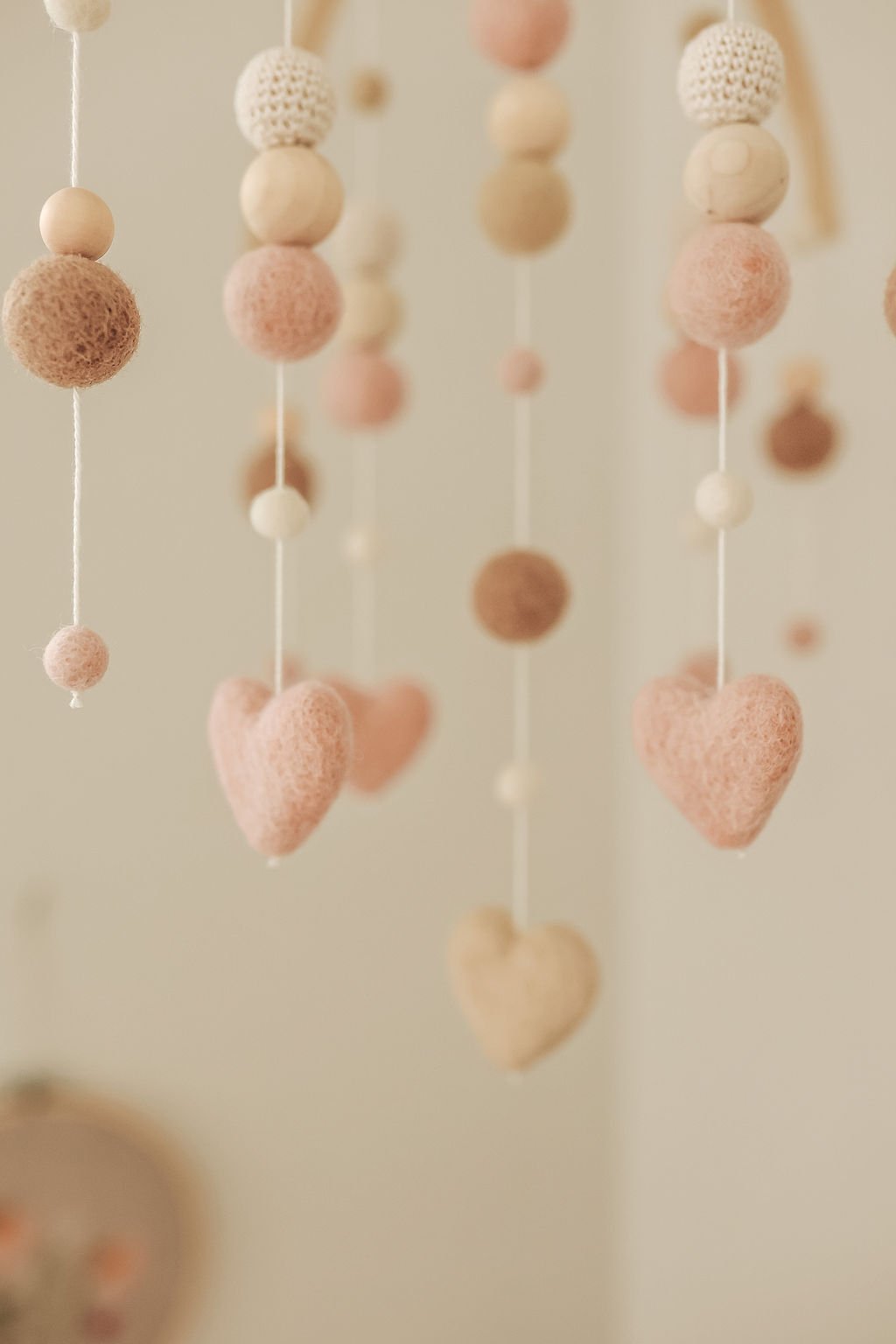 Blush and Beige Neutral Felt Heart Baby Girl Cot Mobile