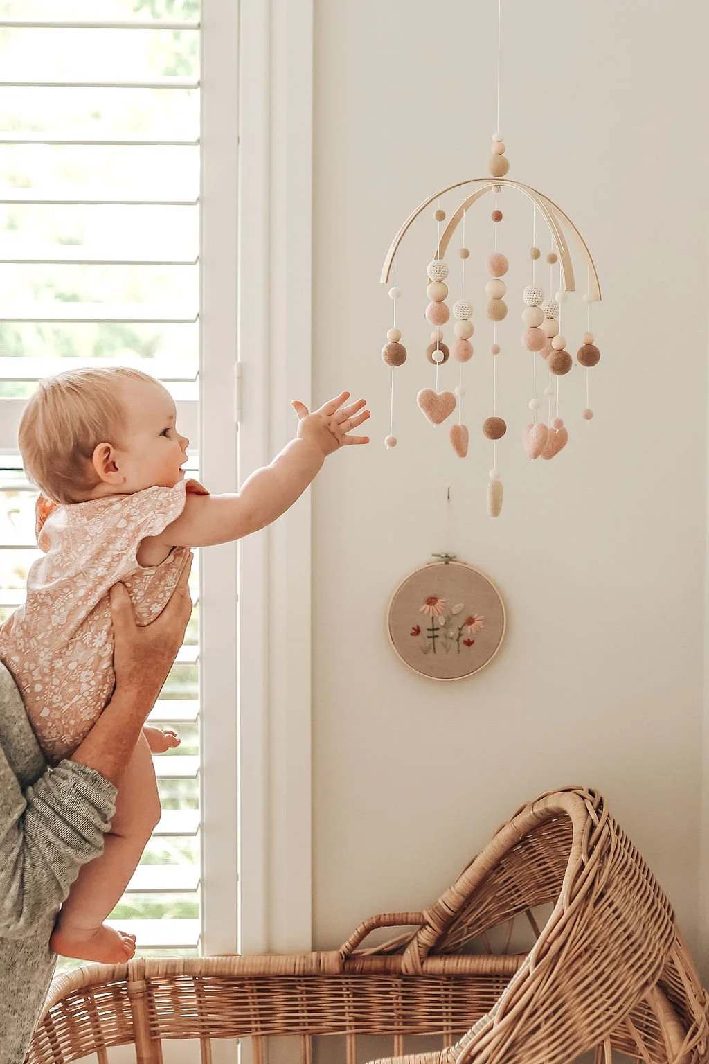 Blush and Beige Felt Heart Baby Girl Nursery Mobile