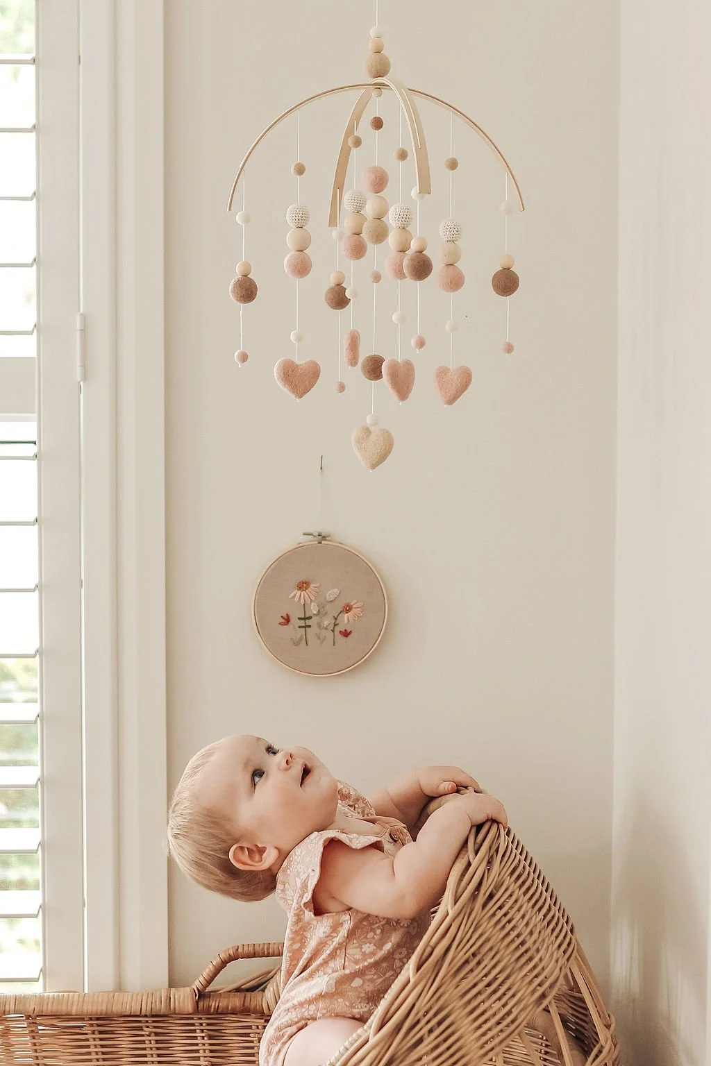 Blush and Beige Felt Heart Baby Girl Nursery Mobile