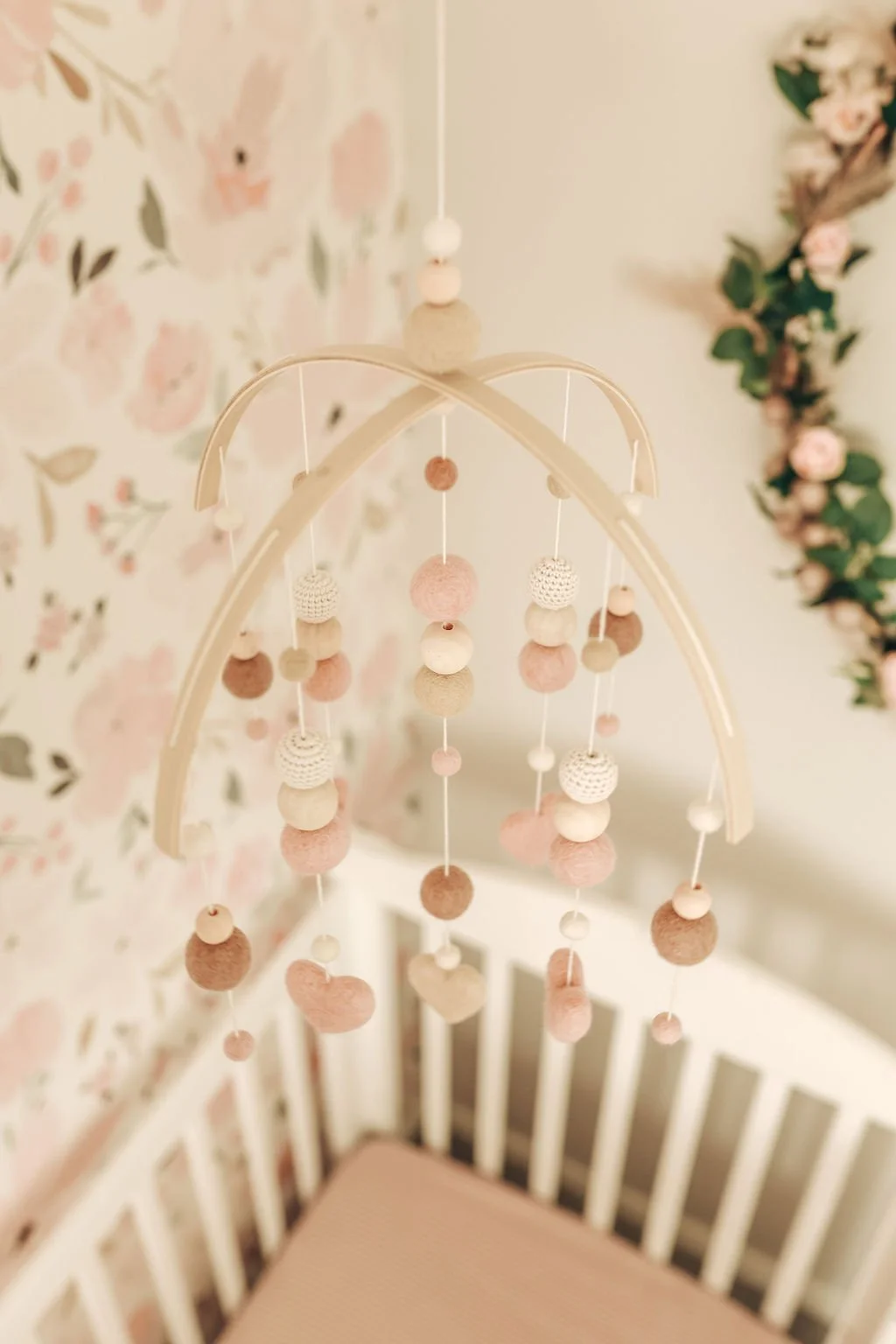 Blush and Beige Felt Heart Baby Girl Crib Mobile