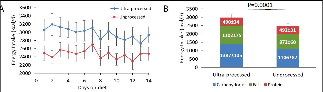 Results from the study highlighting the extra energy intake consumed on the ultra-processed diet