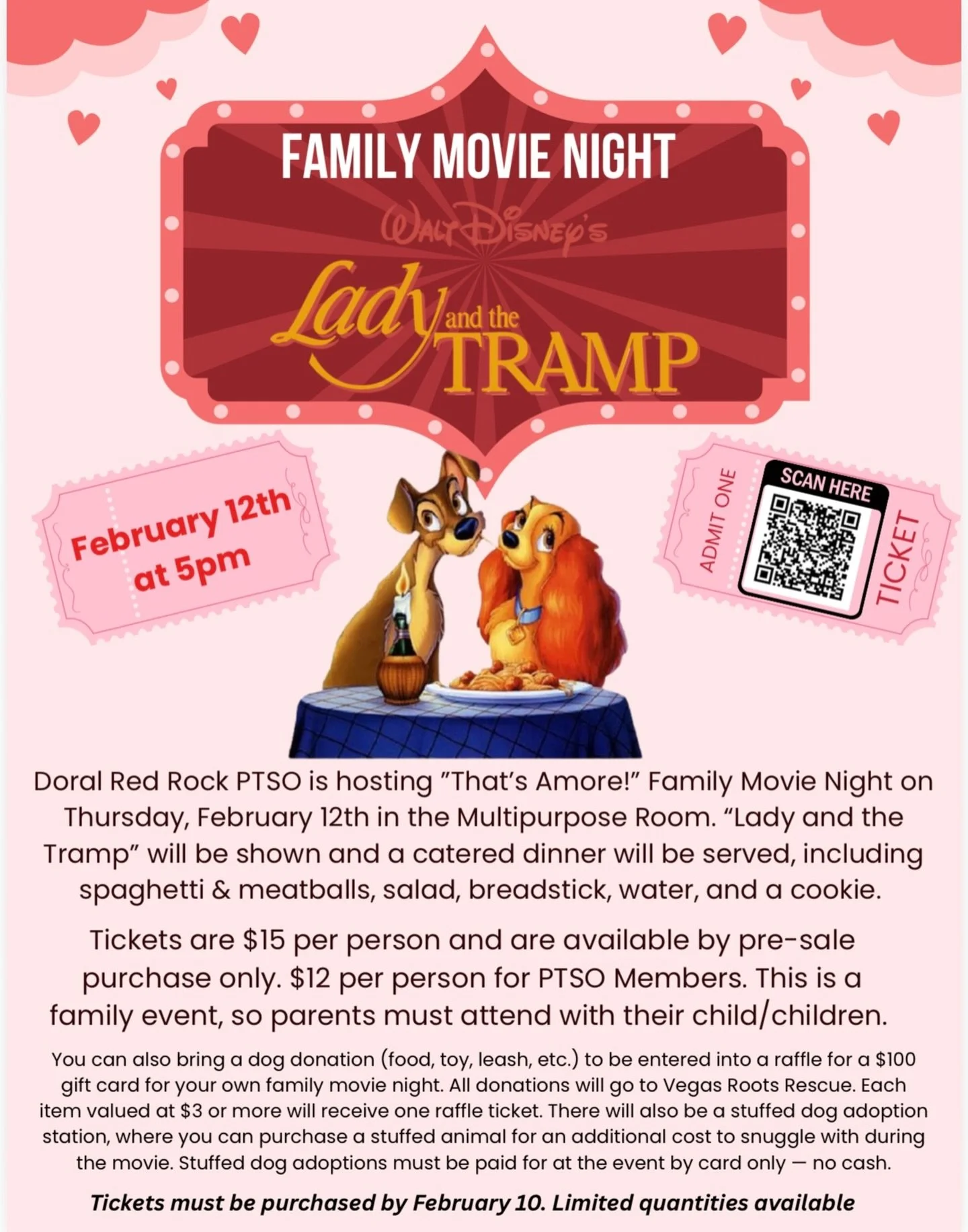 🍝 Dinner and a movie? Yes please!!

🎟️ Last day to purchase tickets is February 10th

🐶 Stuffed animal adoption for additional purchase at event 

🐲 See you February 12th at 5pm 
.
.