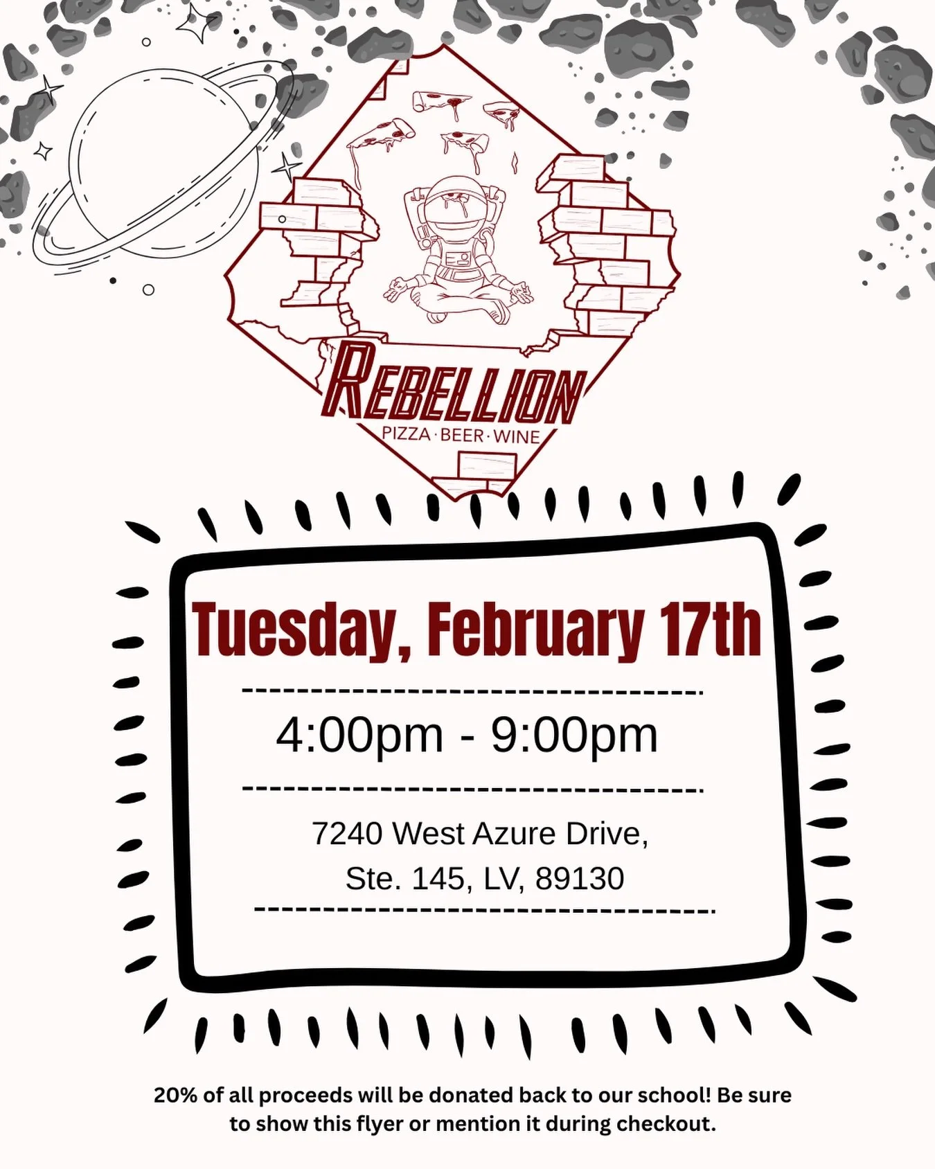🐲 February Dragons Night Out
✨ 20% of all proceeds donated back to our school 
⏰ 4:00pm - 9:00pm 
.
.
#doralredrockelementaryptso #doralredrockelementarylv #doralredrockelementary #doralredrockptso
