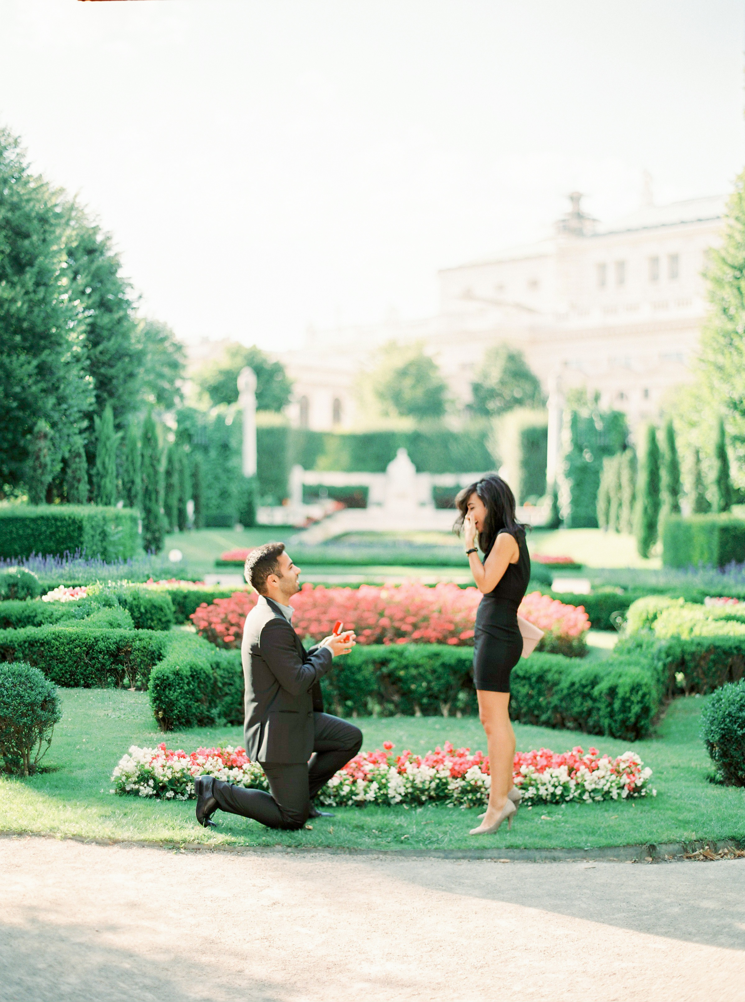 Marriage proposal in Volksgarten Hofburg Vienna Austria by Film photographer Michelle Mock