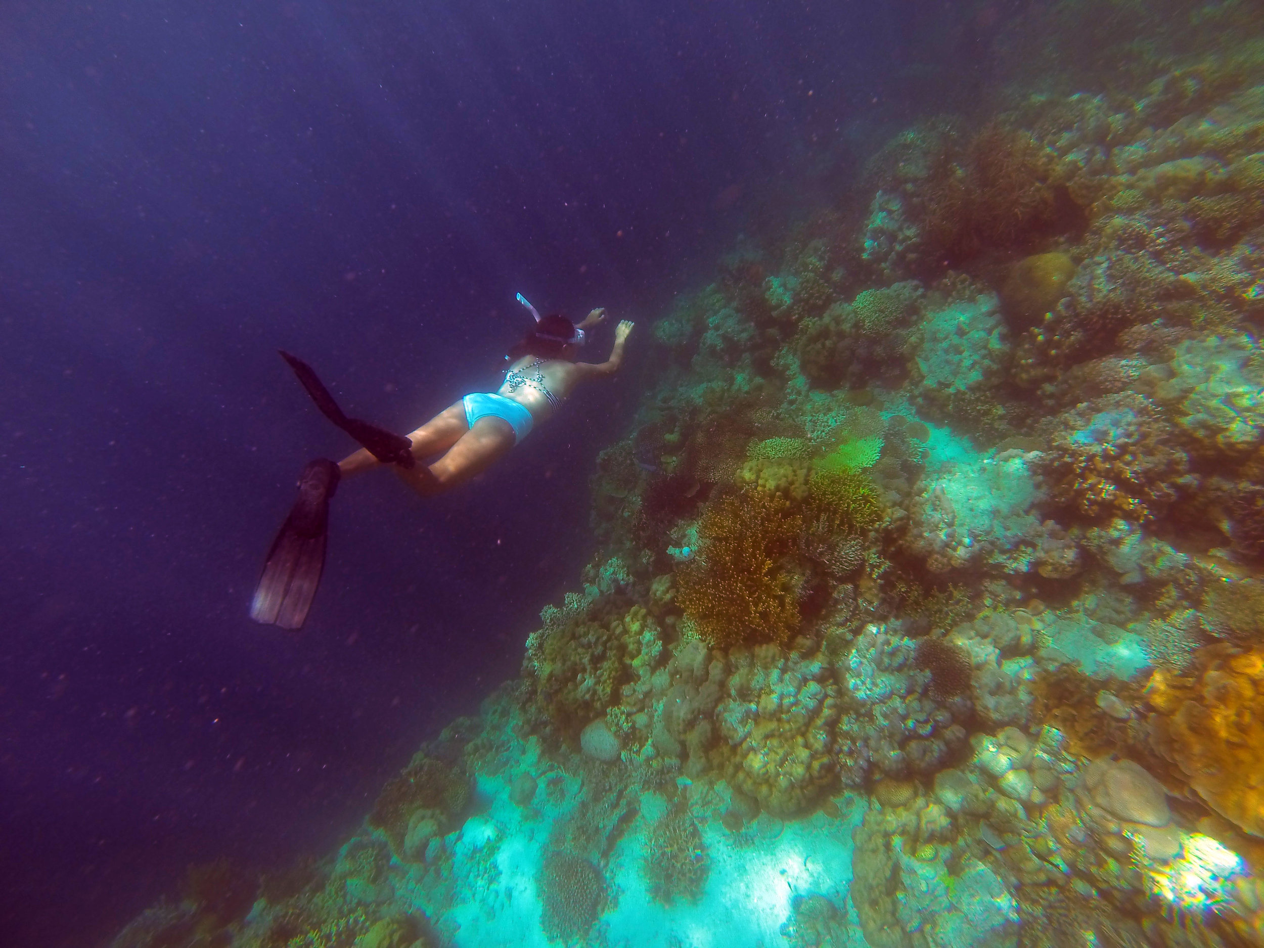The Millennial Mermaid's sister on one single breath, carefully dives above some of the coral formations that can be found around Mansud Wall.