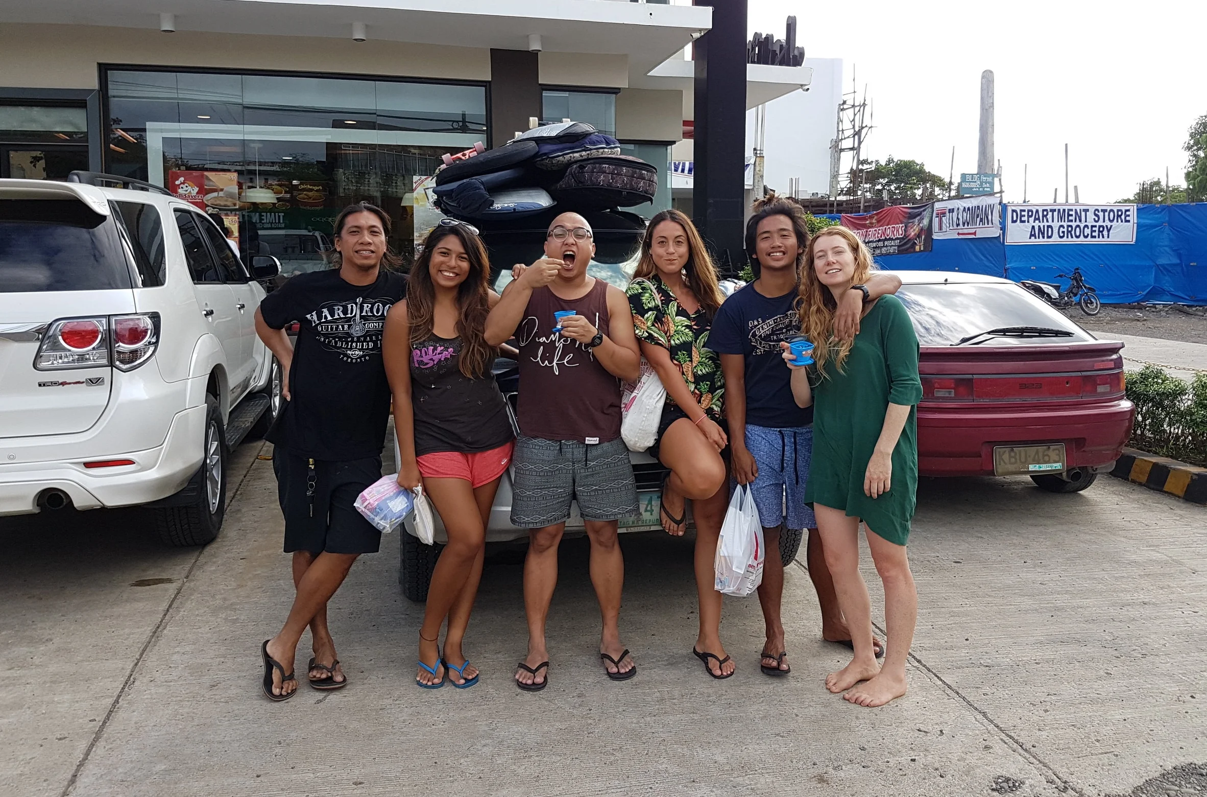 The surftrip crew aka Team Sapoton (from left) Sandy, me, Joven, Lisa, Alex and Bhrett in Tandag City's Jollibee branch, probably the best place to get food to eat if it's late in the afternoon. Thank you, Kuya Guard for the photo!