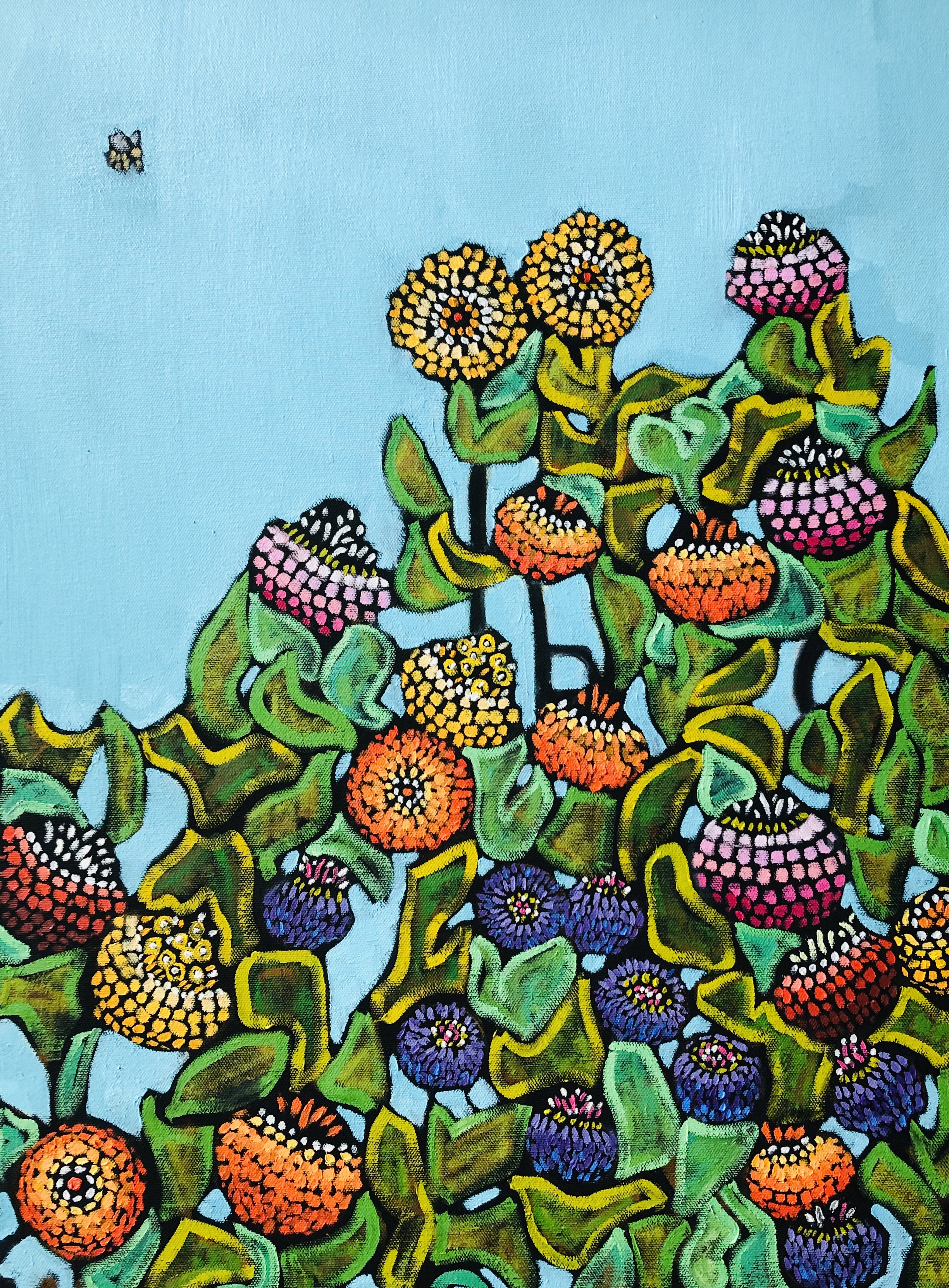 Zinnia Bed and Honeybee 18x24 Oil Painting