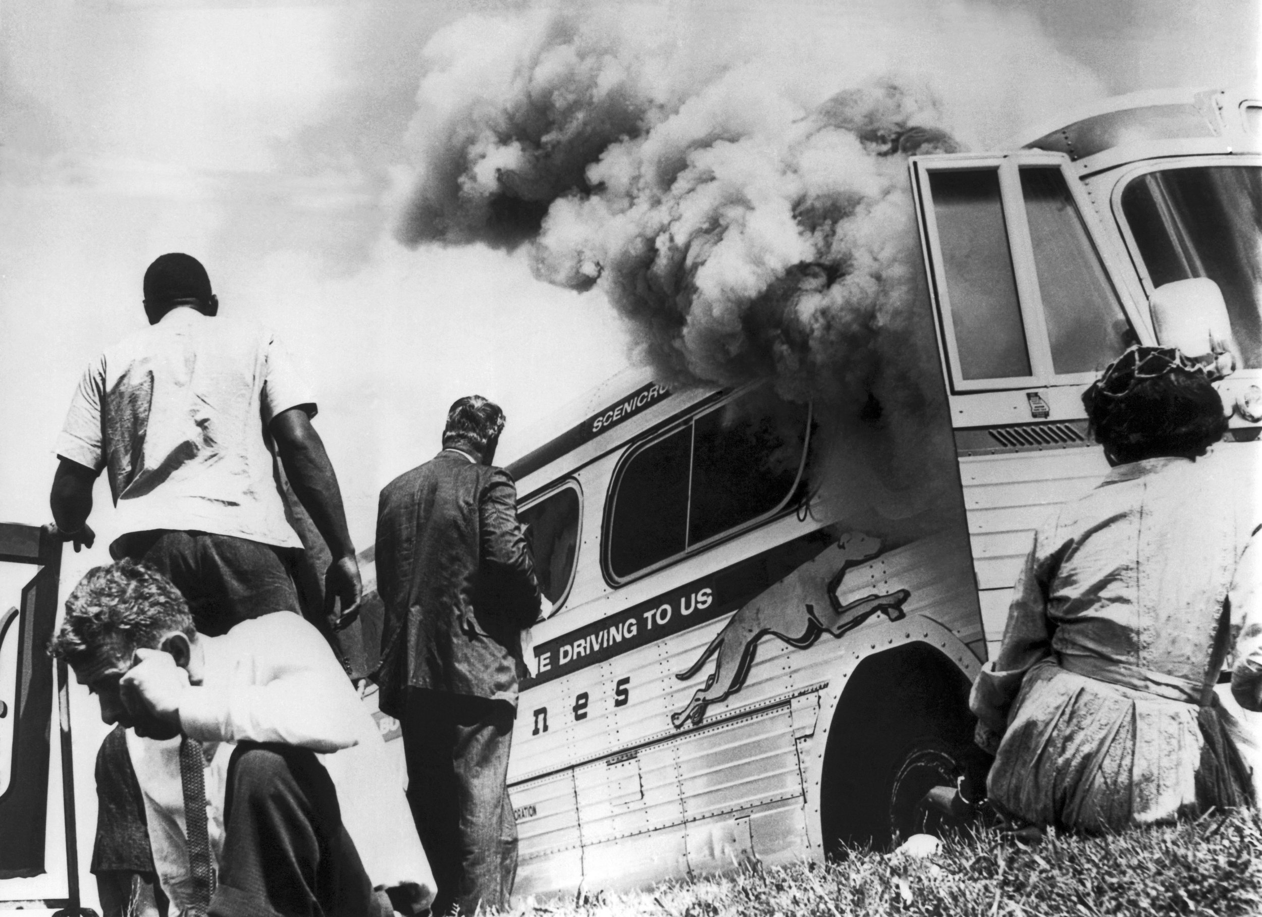 Anniston, Alabama 1961. Freedom Riders bus is bombed by anti-civil rights protesters. 
