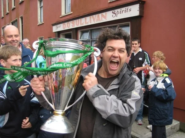 Holding Munsters Heineken Cup outside Dessies Bar on Bere Island 2008.