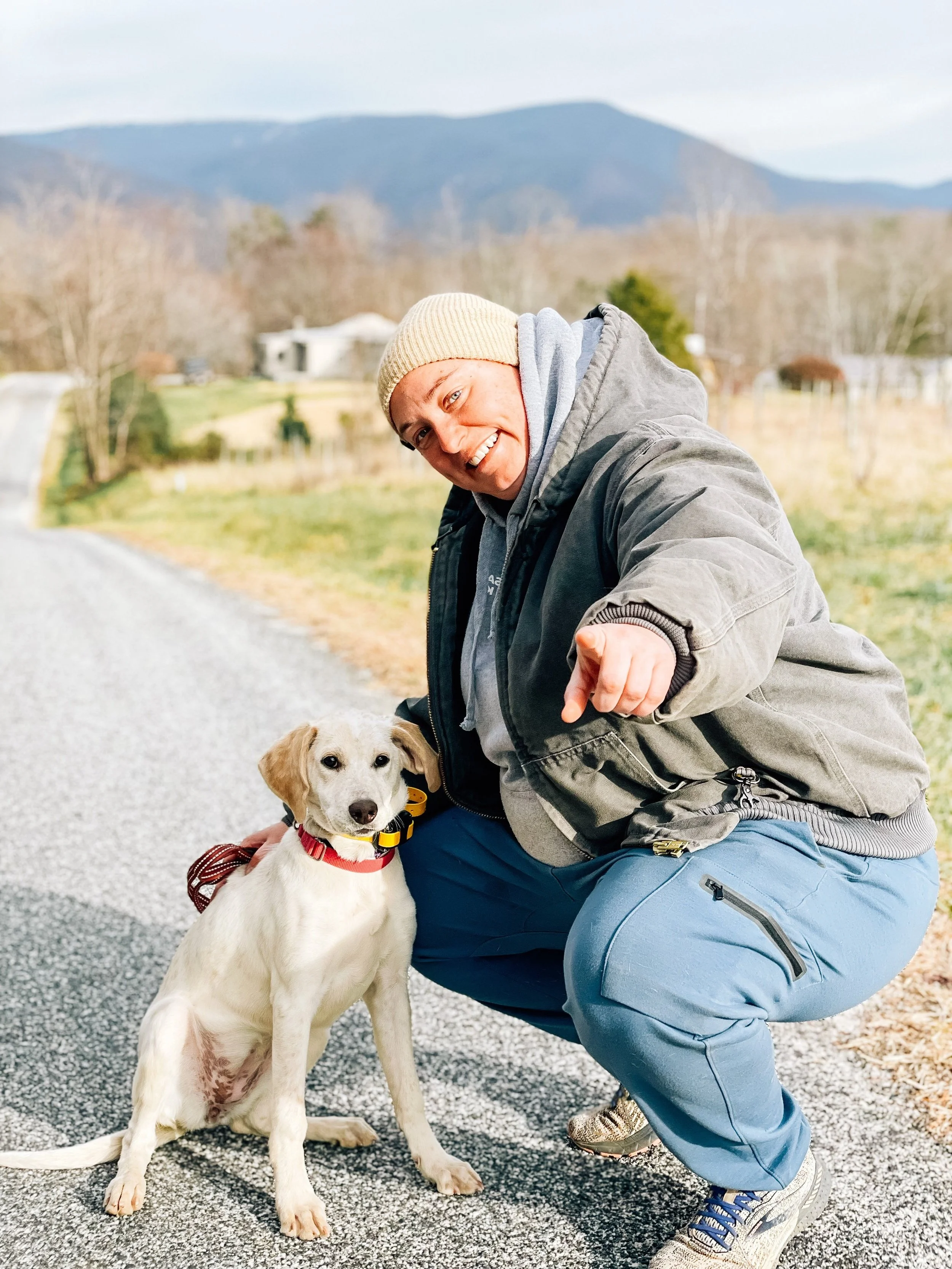 Dog trainer Jess squats down beside a dog and points to the camera. Mountains are in view in the background, showcasing the best Crozet dog training option.