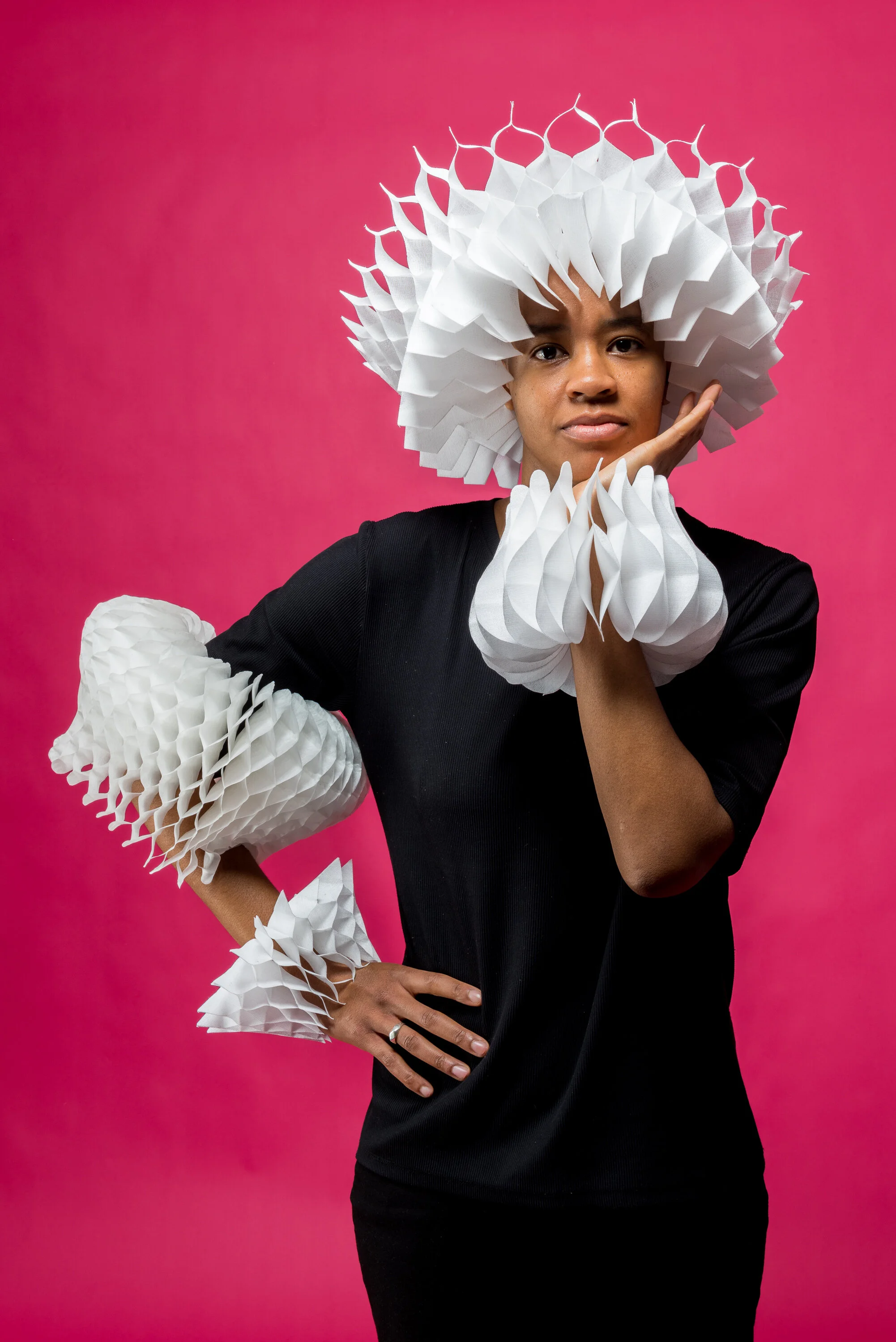 BmoreArt photoshoot, Inkjet print on cloth, 2020Model B Bonner wearing Living Organism, 4 different prototypes