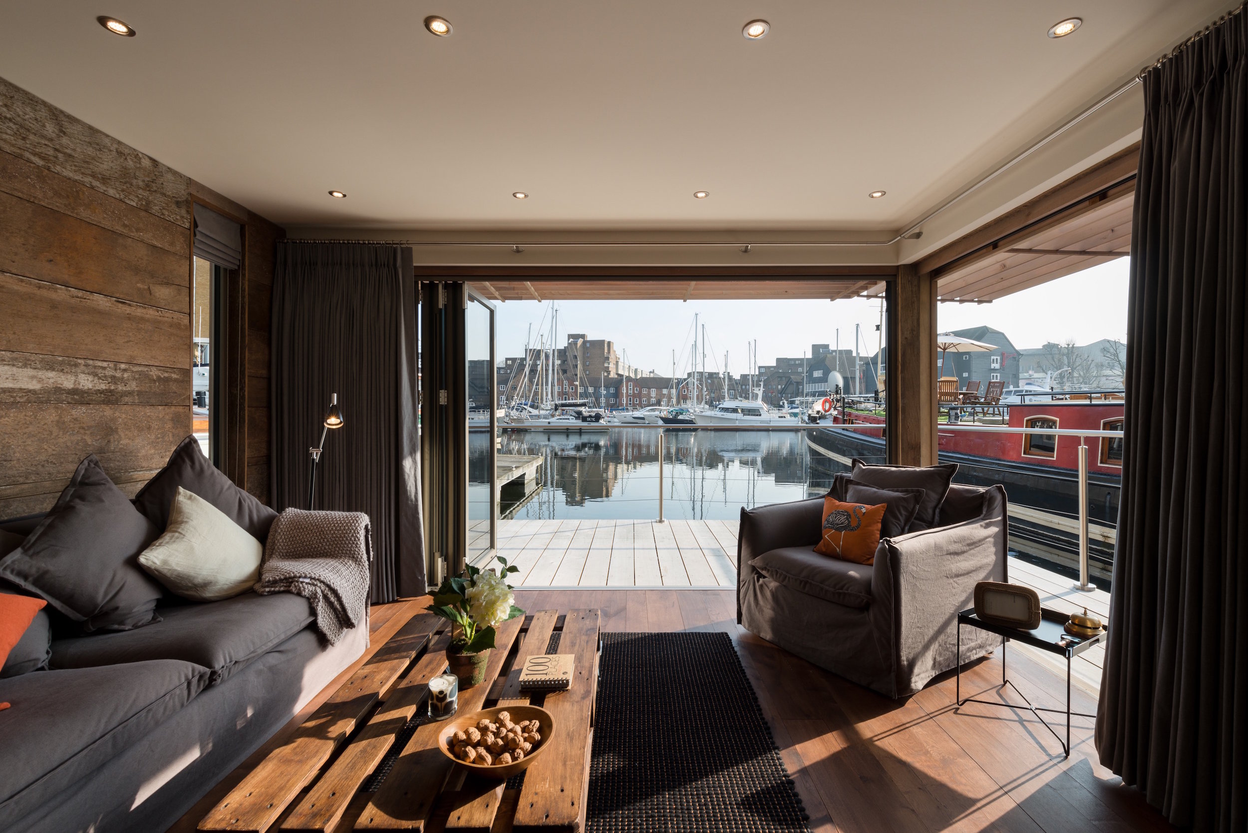 View from the floating home over East Dock, St Katharine Docks, London