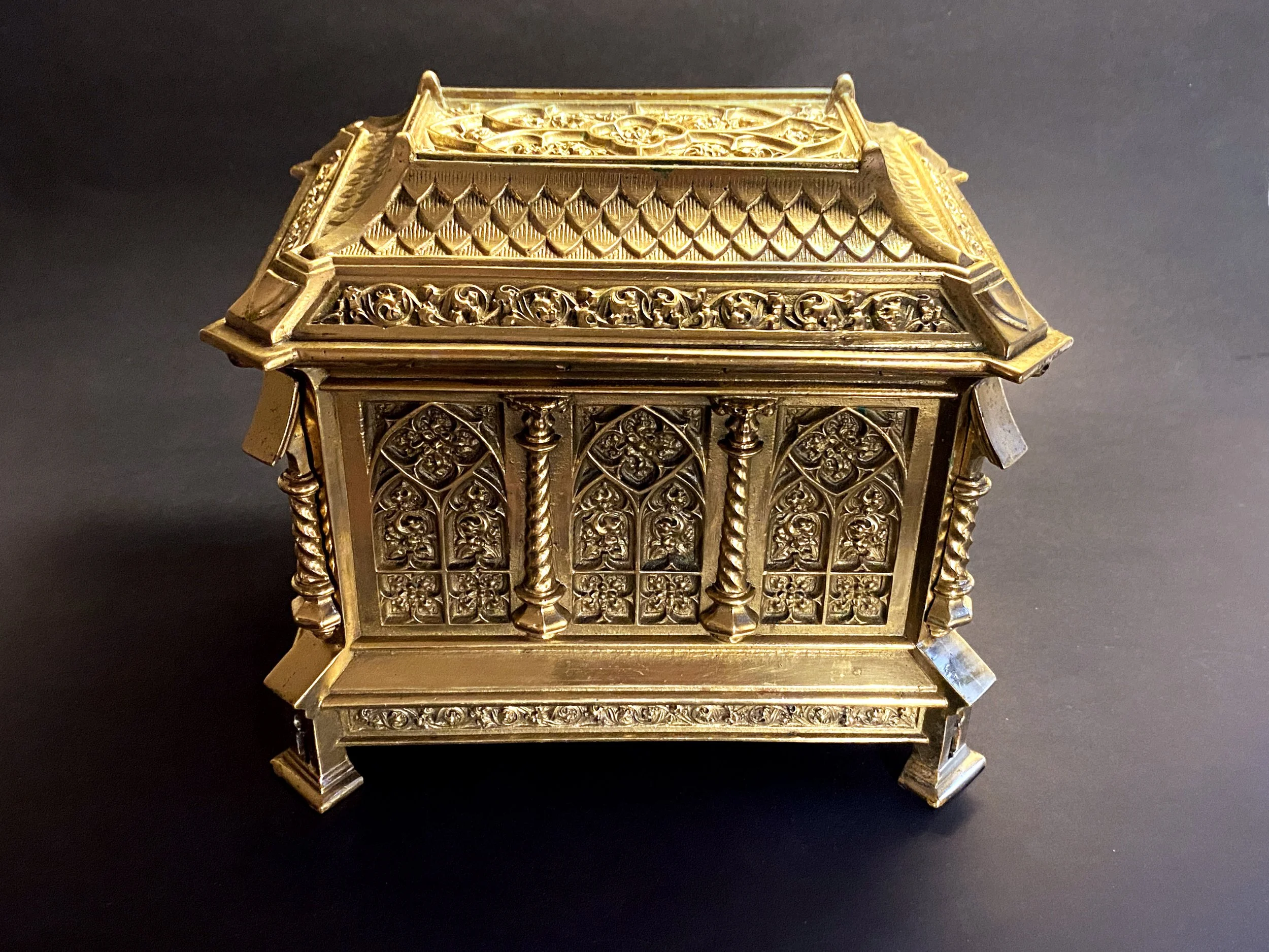 Gilt Brass Architectural Gothic Revival Casket, Continental. 19th c.