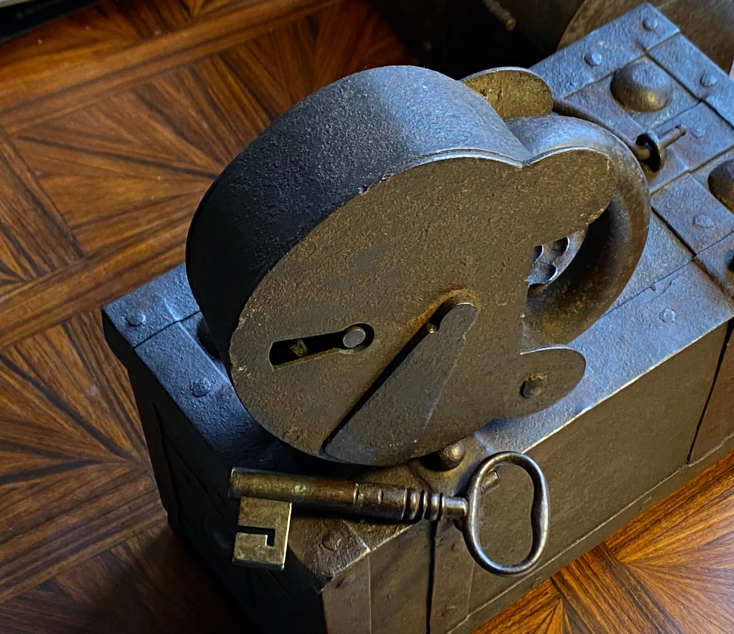 Large Double-Chamber Iron Padlock, 18th Century. America or England.