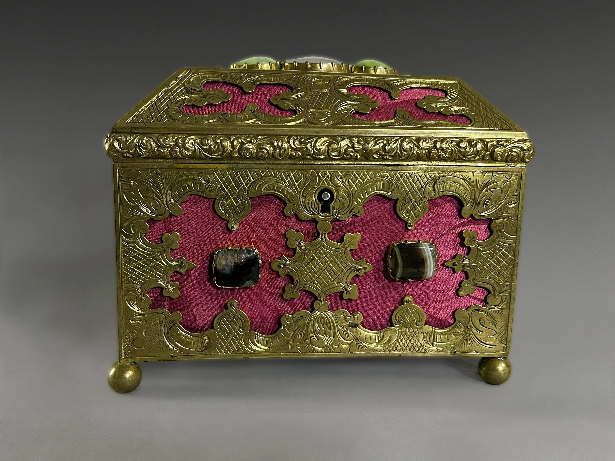Red silk brocade brass table casket