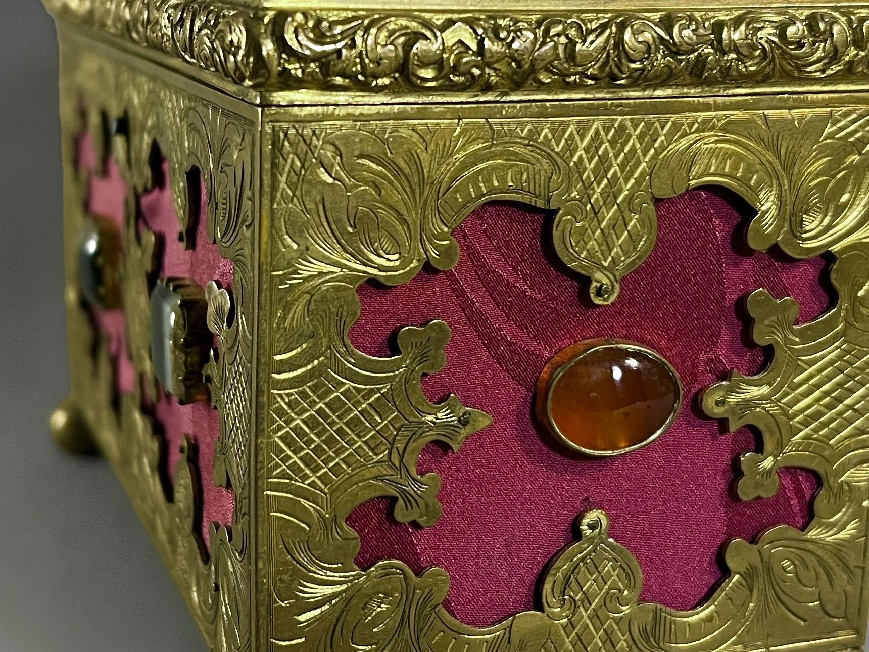 19th century hand engraved brass casket with gems