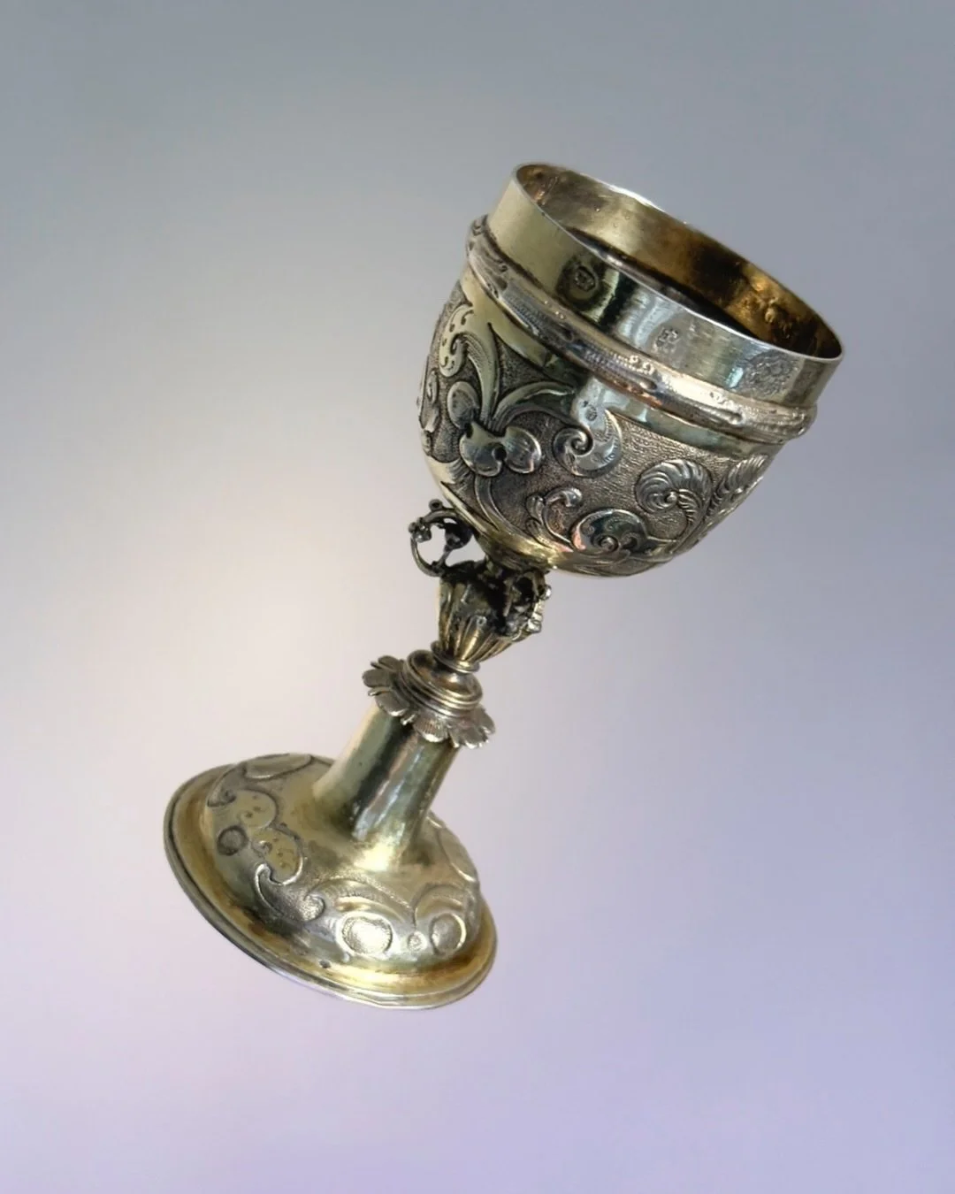 Available, DM. Silver-Gilt Cup, Christophorus Pollak, L&ouml;cse (Levoča, Leutschau), c. 1631.

A small Hungarian silver-gilt standing cup, maker&rsquo;s mark &ldquo;CP&rdquo; and L&ouml;cse town mark struck on body and foot, the rim stipple engraved