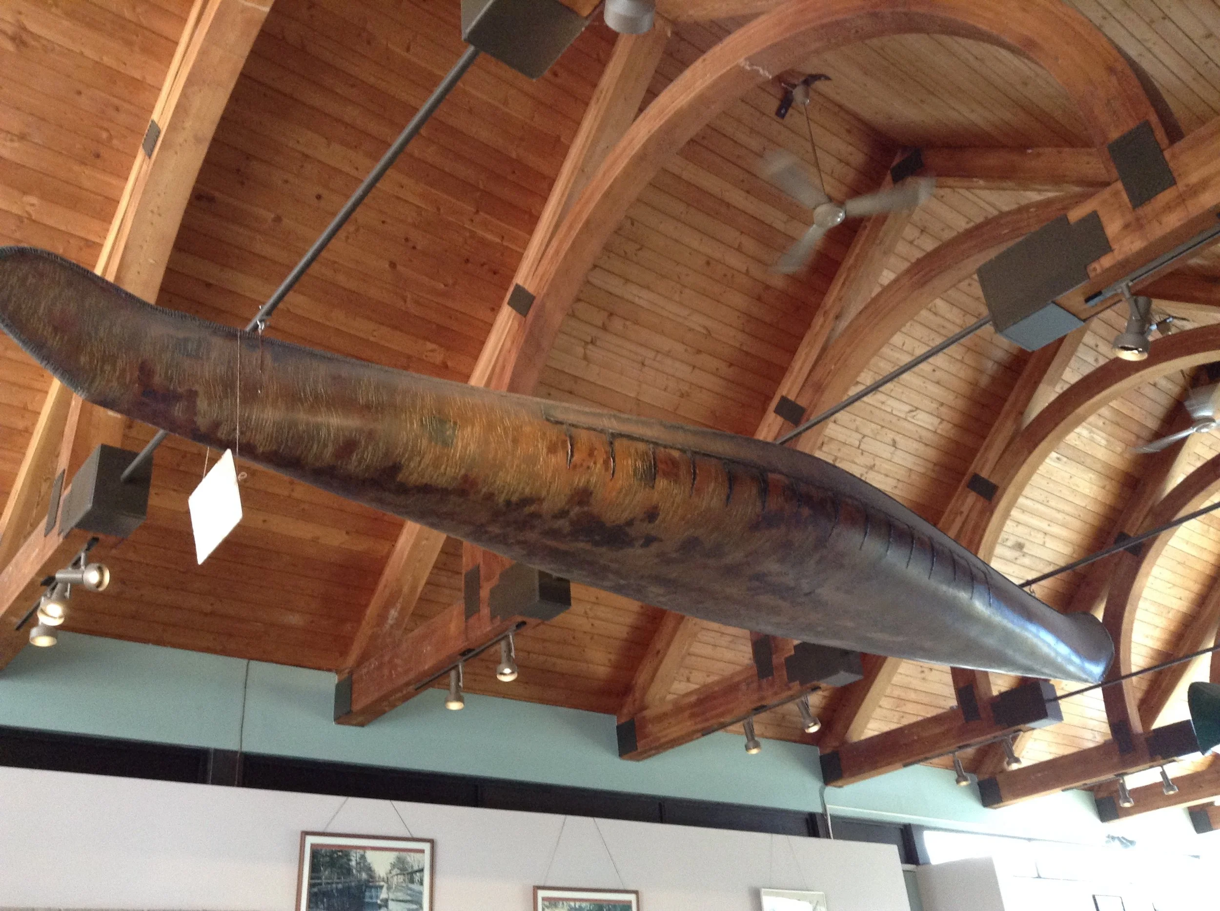 Fibreglass replica of a Mi’maq birchbark canoe hangs in the Fairbanks Centre.