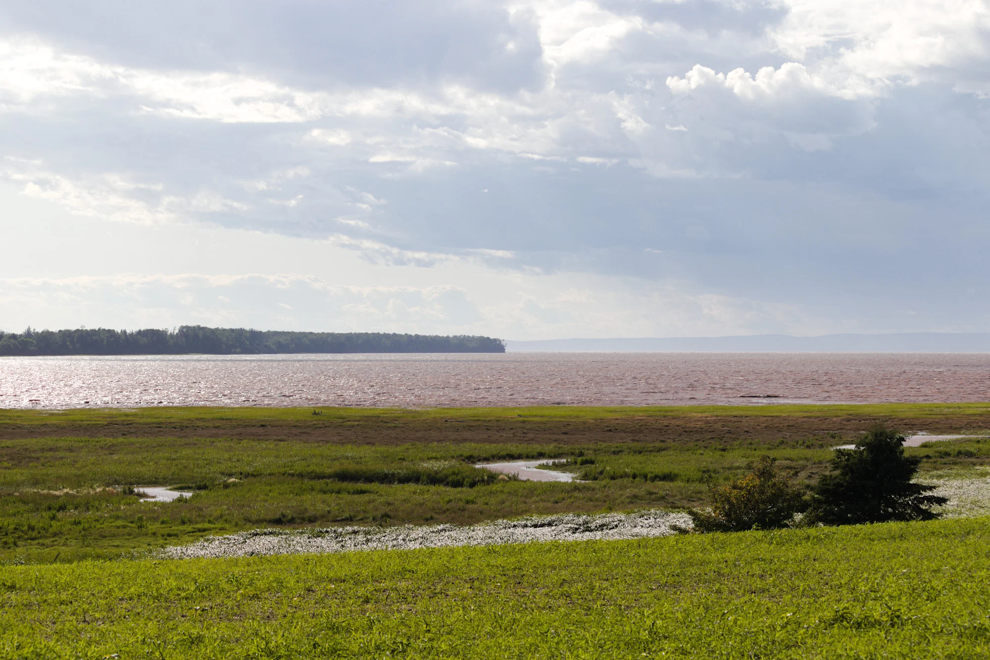 The mouth of the Shubenacadie River, viewed from the east side in Clifton, Colchester County. The western bank of the river (near Maitland) and the opposite coast of the Bay of Fundy (near Masstown) are visible in the background.