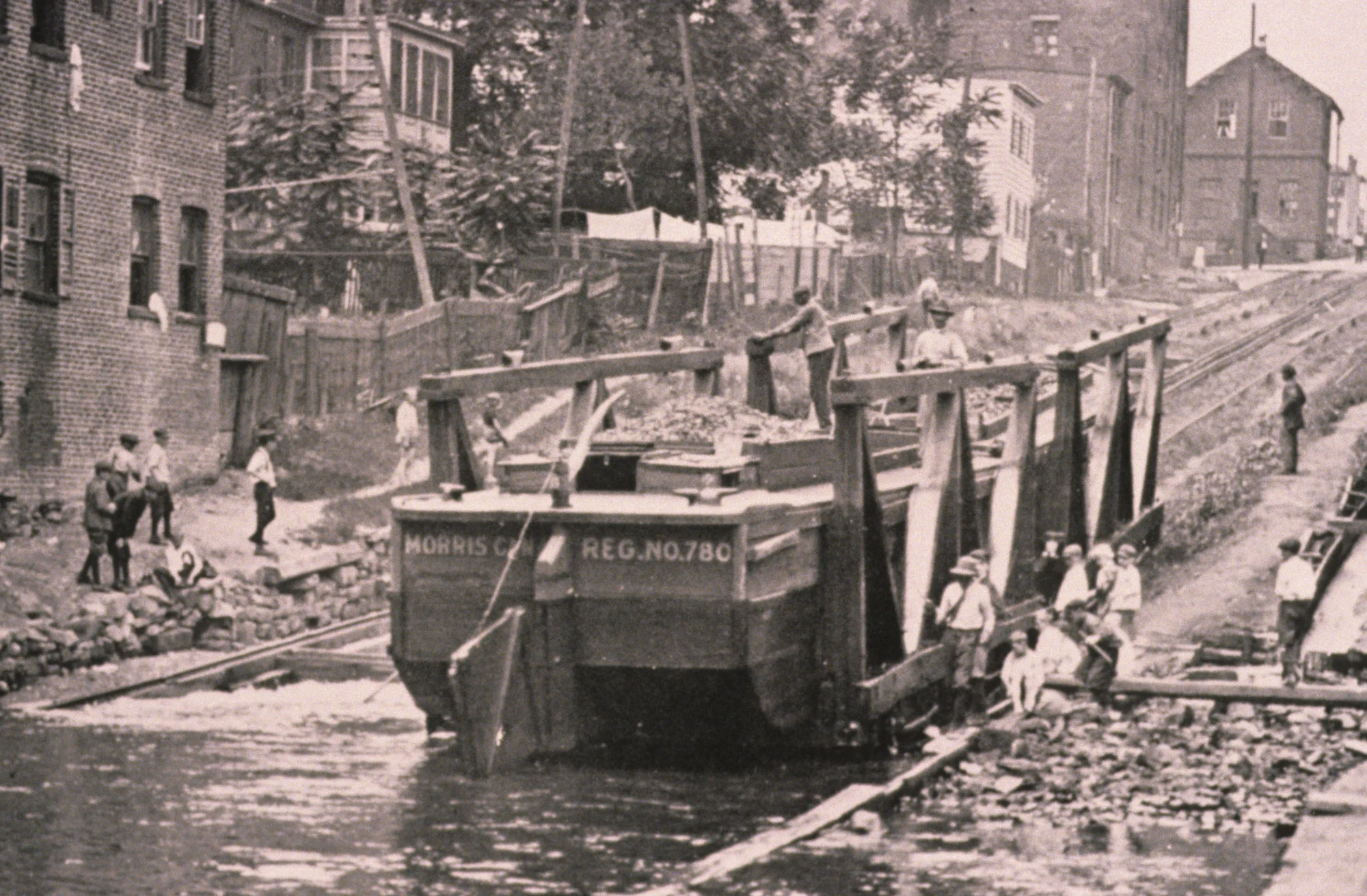 A barge being transported through one of the marine railways of the Morris Canal in New Jersey. This canal provided direct inspiration to Charles W. Fairbanks when designing the Shubenacadie Canal.