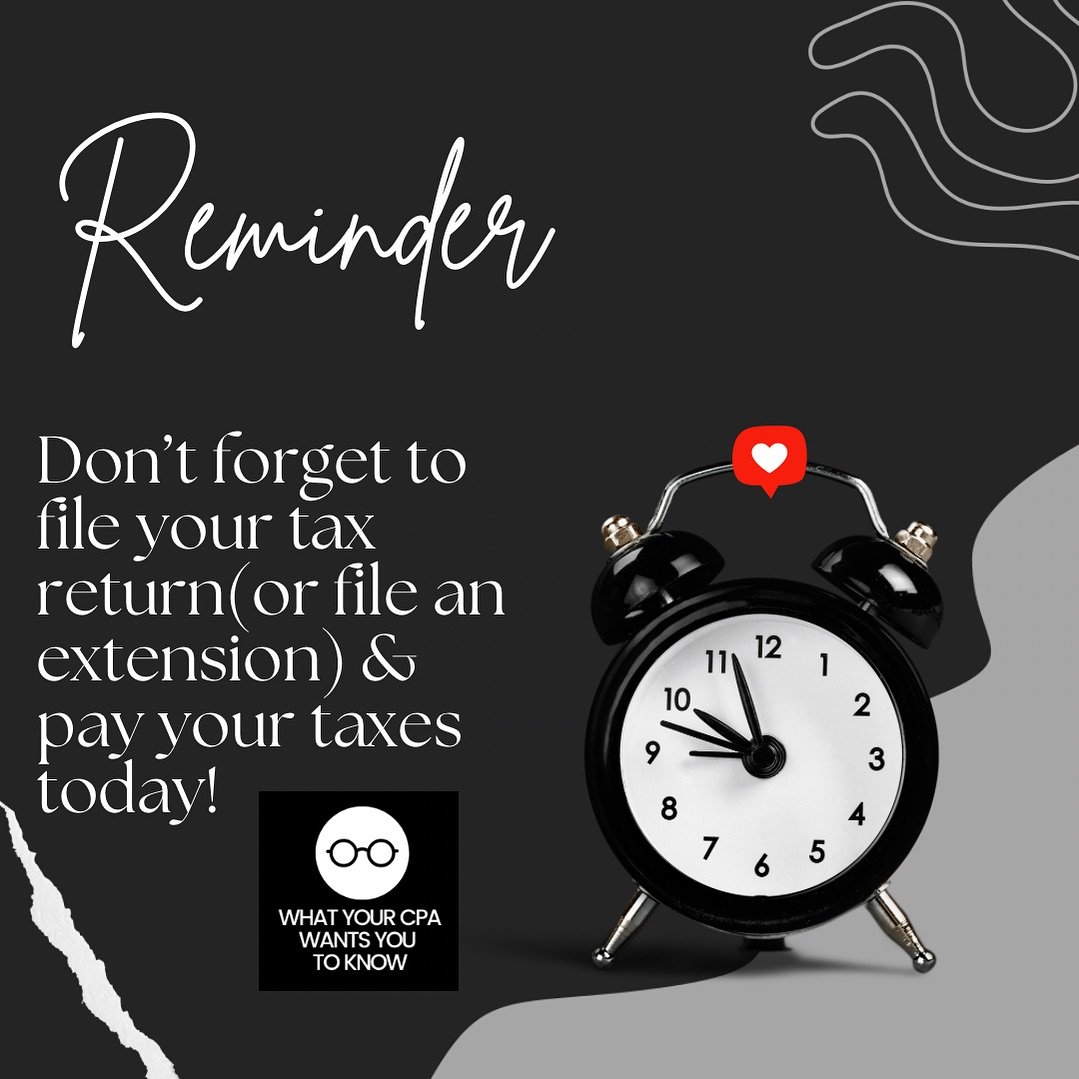 Today is the day! All individuals need to file a tax return or extension by April 15th (today) to avoid failure to file penalties! 

Remember an extension is only an extension to file your tax return. It is not an extension to pay your taxes! The IRS