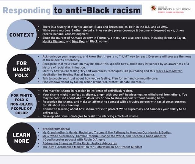 #resist #resistracism #antiracism #racialtraumaisreal @centerforhealingracialtrauma @umdcdihe https://diversity.umd.edu/docs/resources-all/responding-to-anti-black-racism.pdf