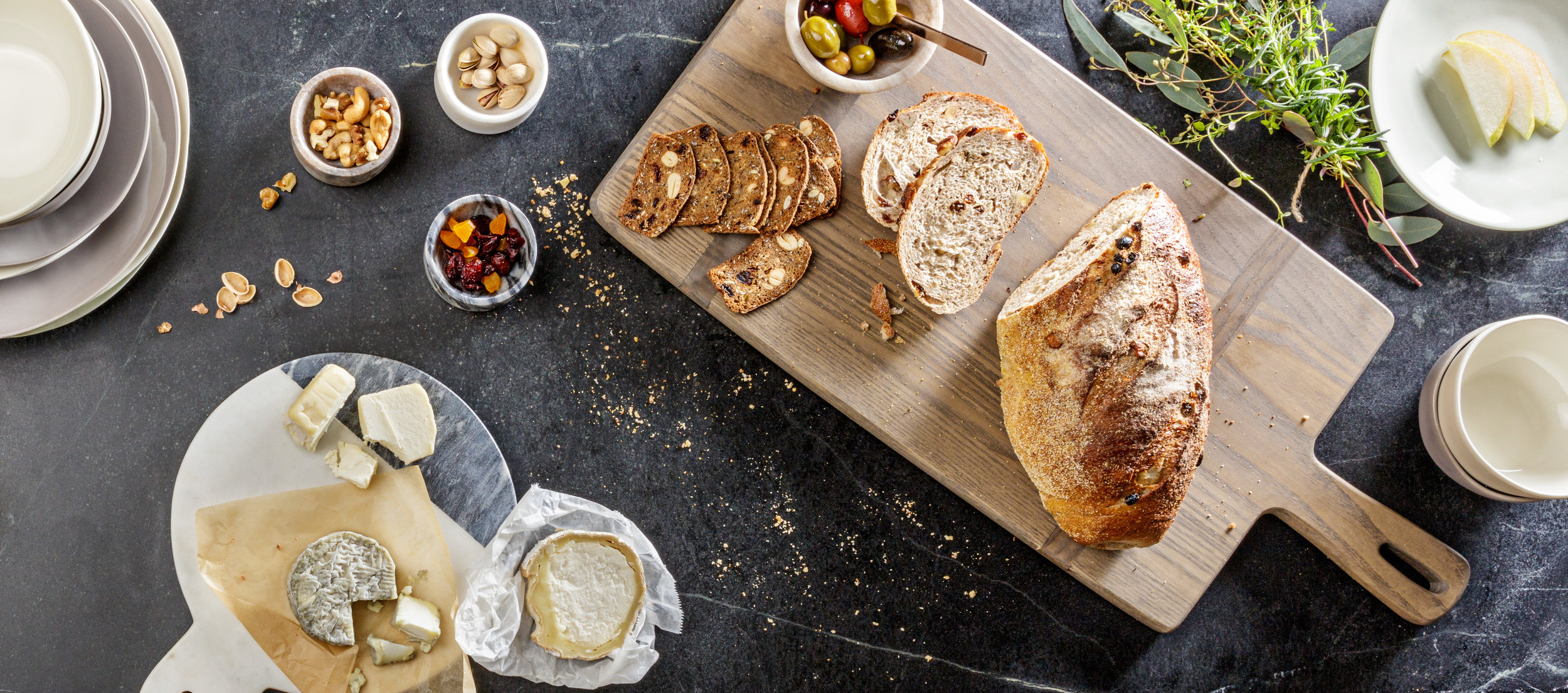 Overhead Bread Board Brunch Spread