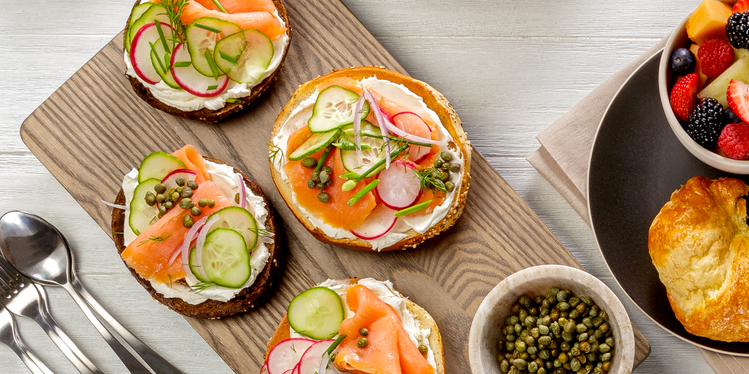 Overhead simple food spread - Bagels, Lox and Breakfast