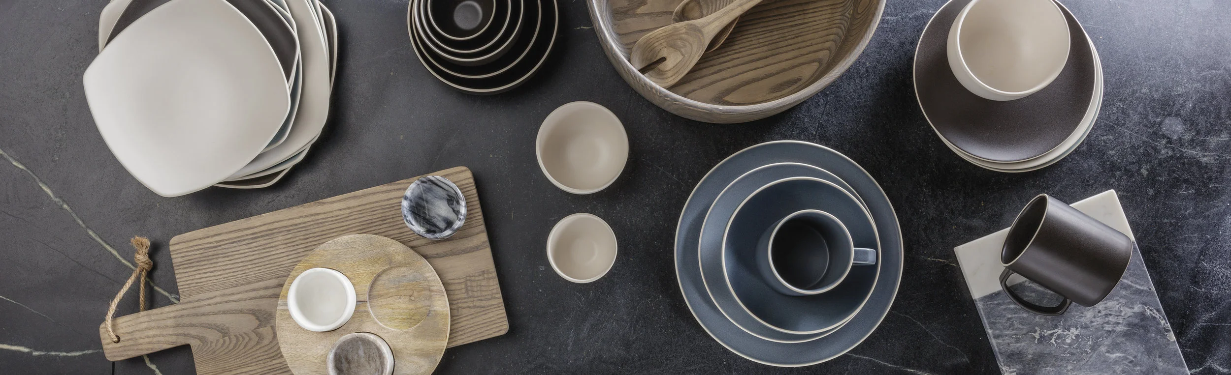 Overhead Ceramic Dishware on Marble Slate
