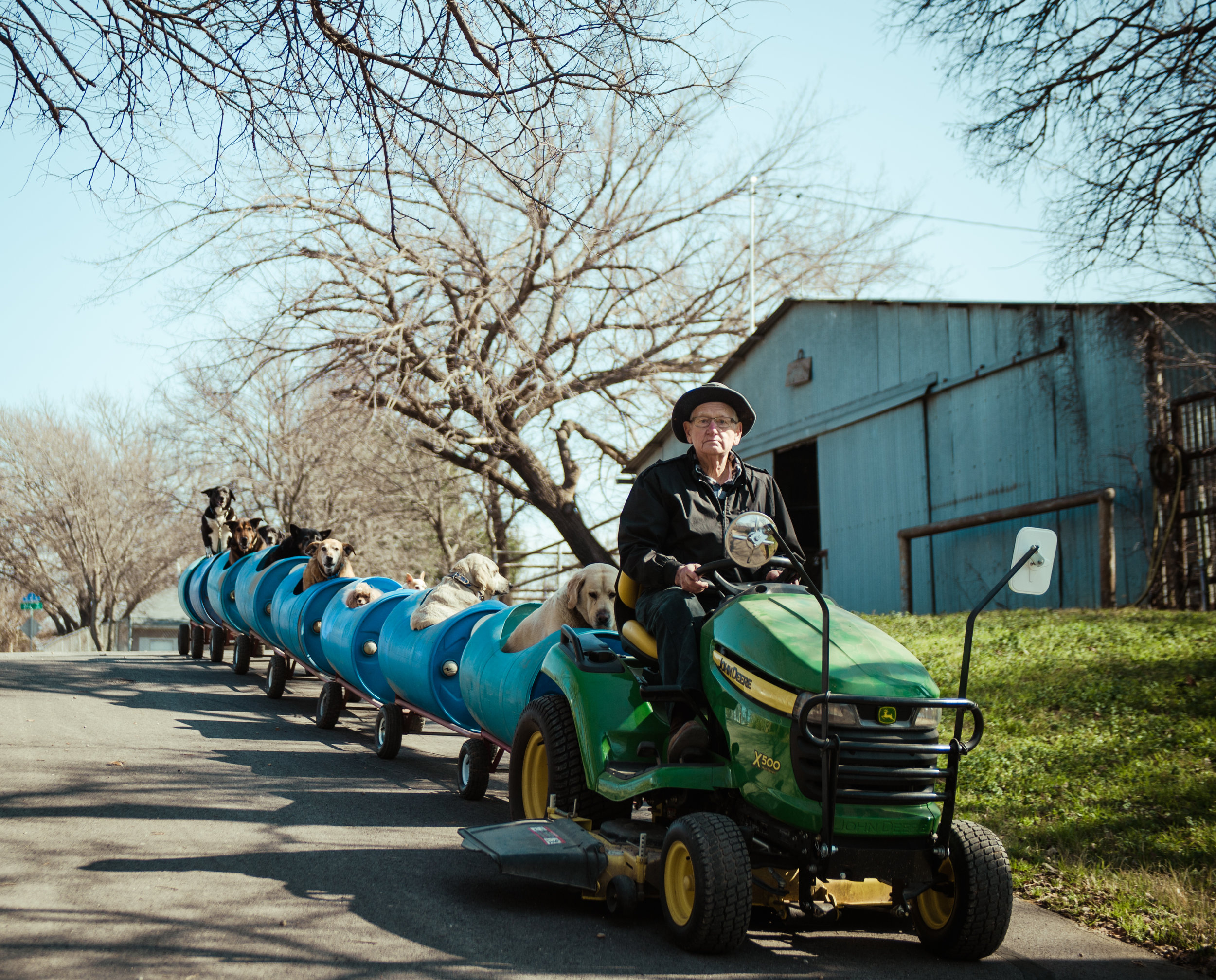Eugene Bostick driving his dog train outside of his house in Fort Worth, Texas.