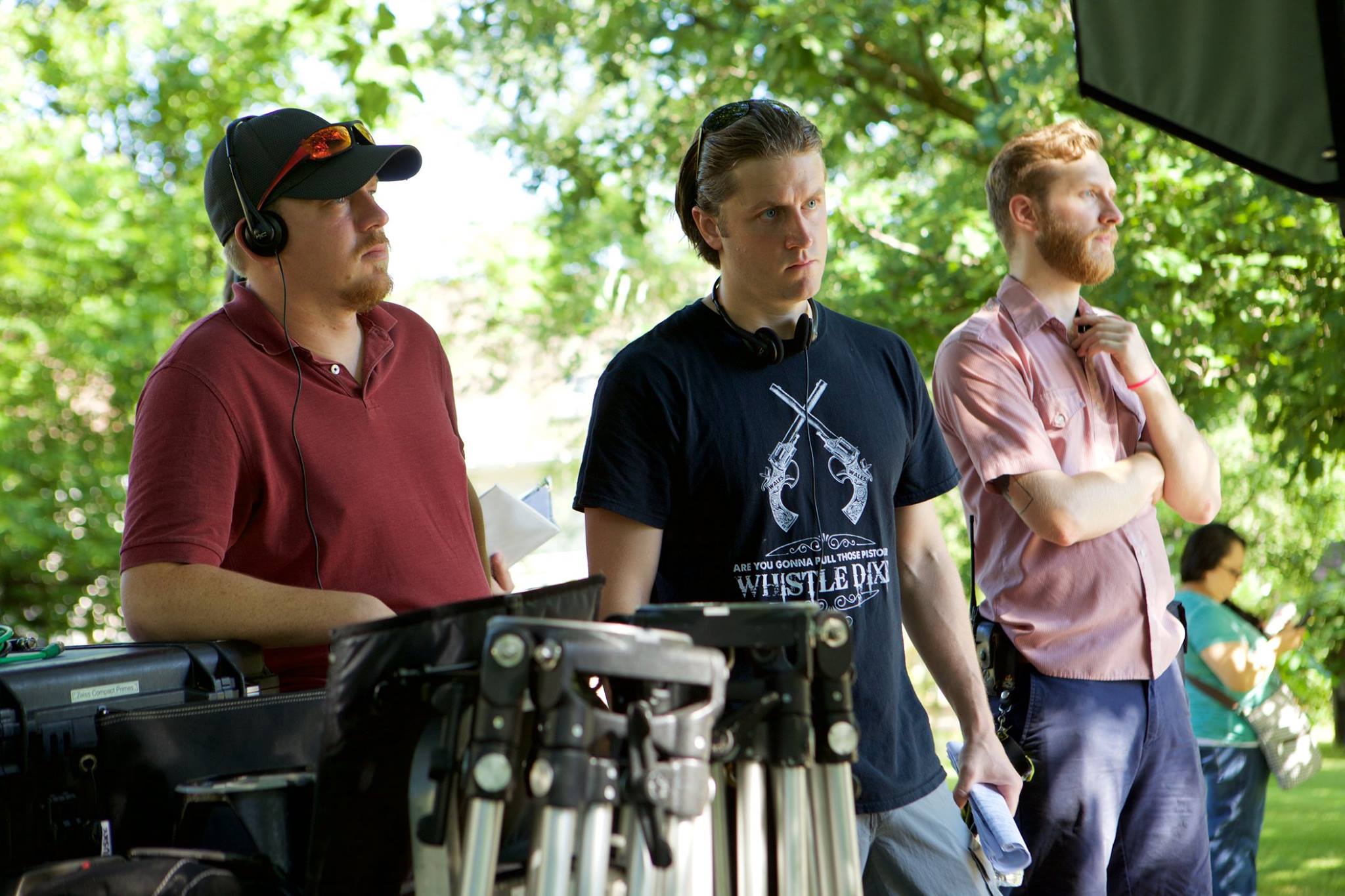 Devon Colwell and Philip Plowden monitor a shot alongside Gaffer, Wade Rodgers.