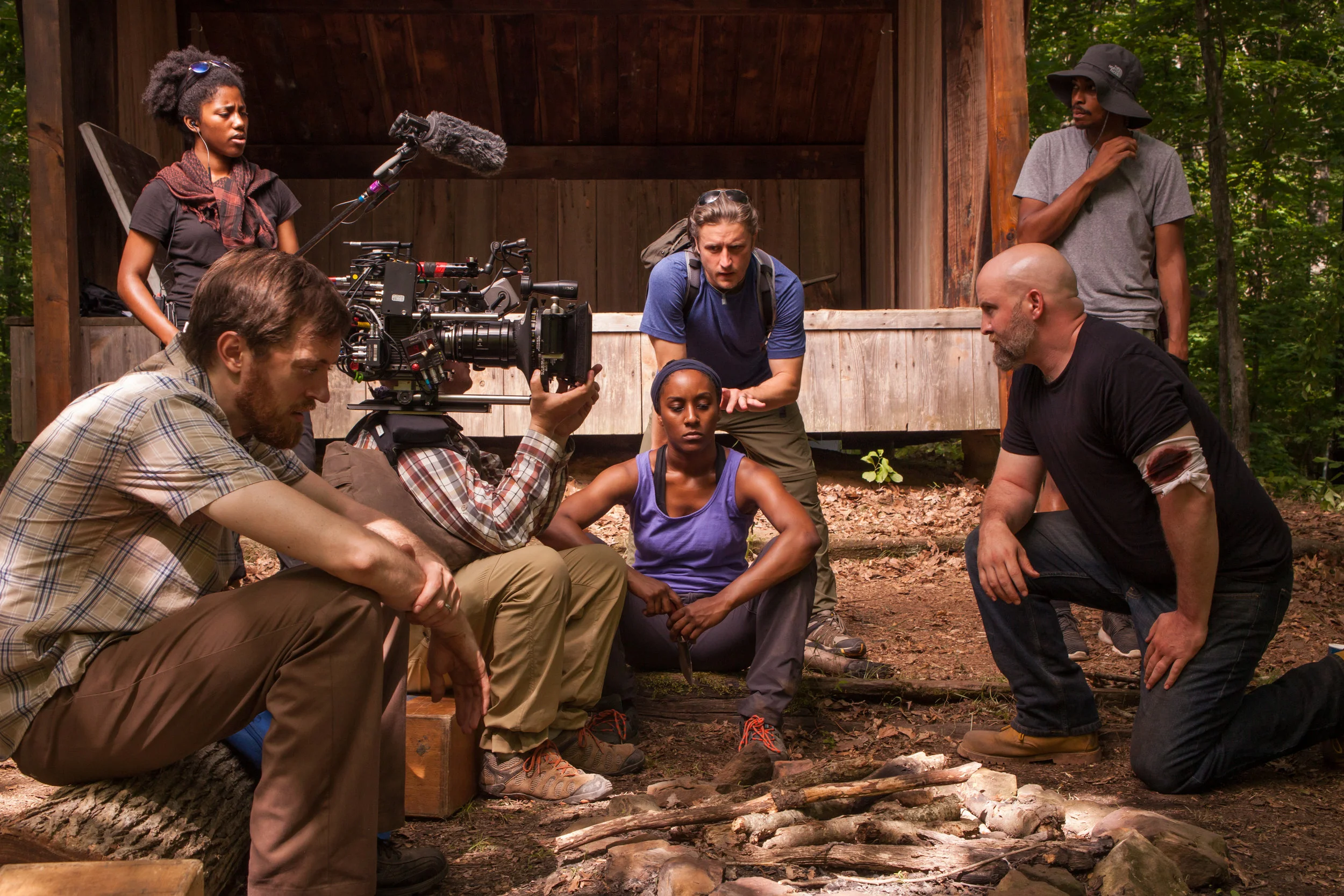Philip S. Plowden (Executive Producer/Director) directs a crucial scene in the film with actors Michael B. Woods (JARED), Celeste Cooper (MEL), and Sean Patrick Leonard (WAYLAND). Also featured in this photo, Baili Martin (Boom Op), Darryl Miller (Director of Photography), and Roderick Reed (Second Assistant Camera). Photo credit, Nathan Fortmeyer