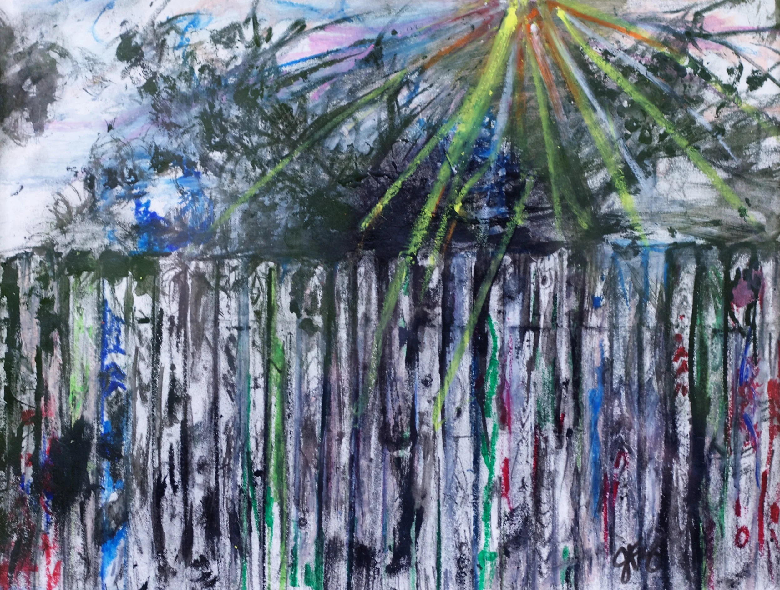 "Backyard Blues: If I ever go looking for my heart's desire again, I won't look any further than my own back yard.", 11x14, mixed media, 2012