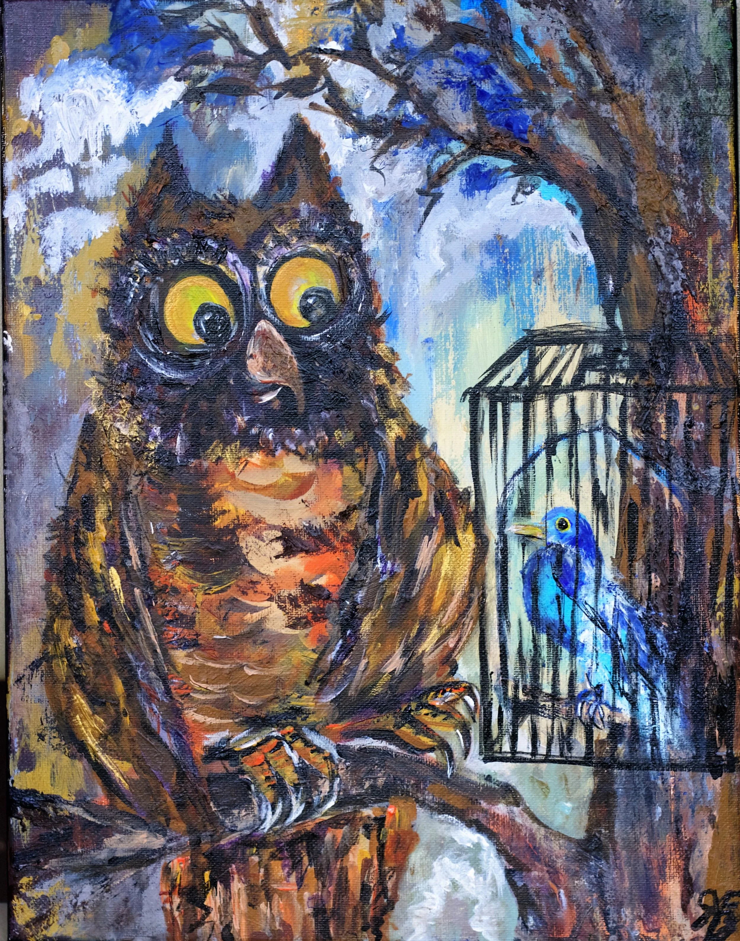 "The Mothering Owl and the Morning Bird." 8x10, Acrylics on Canvas, 2016. Based on a satirical short story about the night owl tendencies of some creatives.