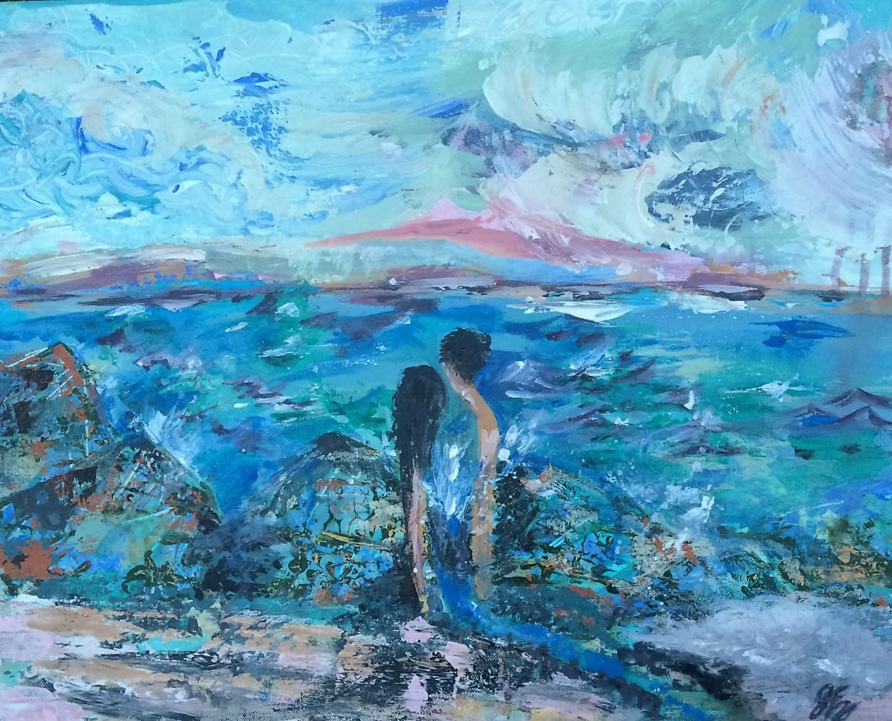 "Like a river meets the sea." 16x20, Acrylics on Canvas, 2015. Using the couples song and photographs from their honeymoon this special beginning was captured in a timeless piece.
