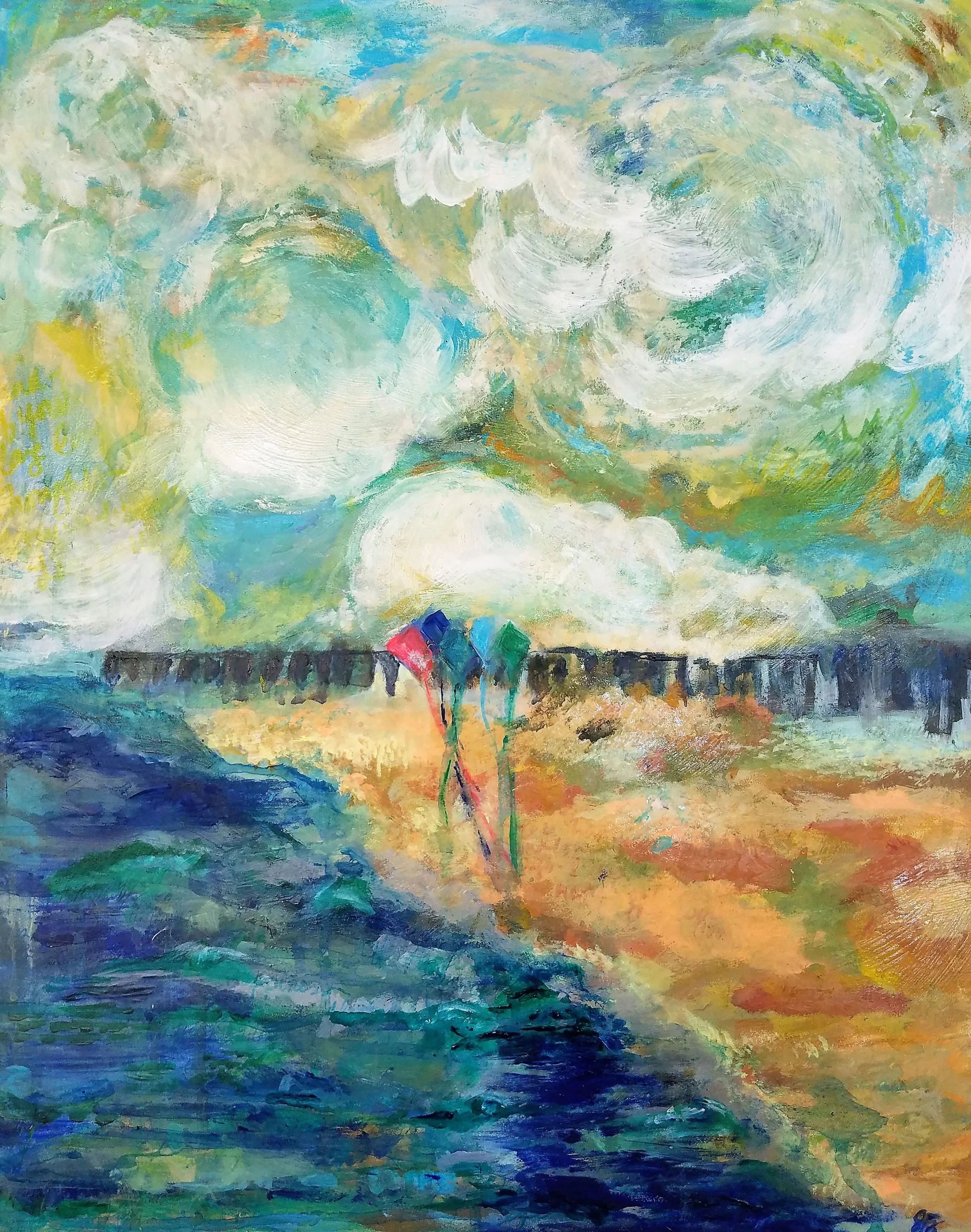"Winds & Waves", 16x20, Acrylics, Ink, Pastel on Board, 2016. Family Narrative painting of the Outerbanks in North Carolina, where they vacation each year.