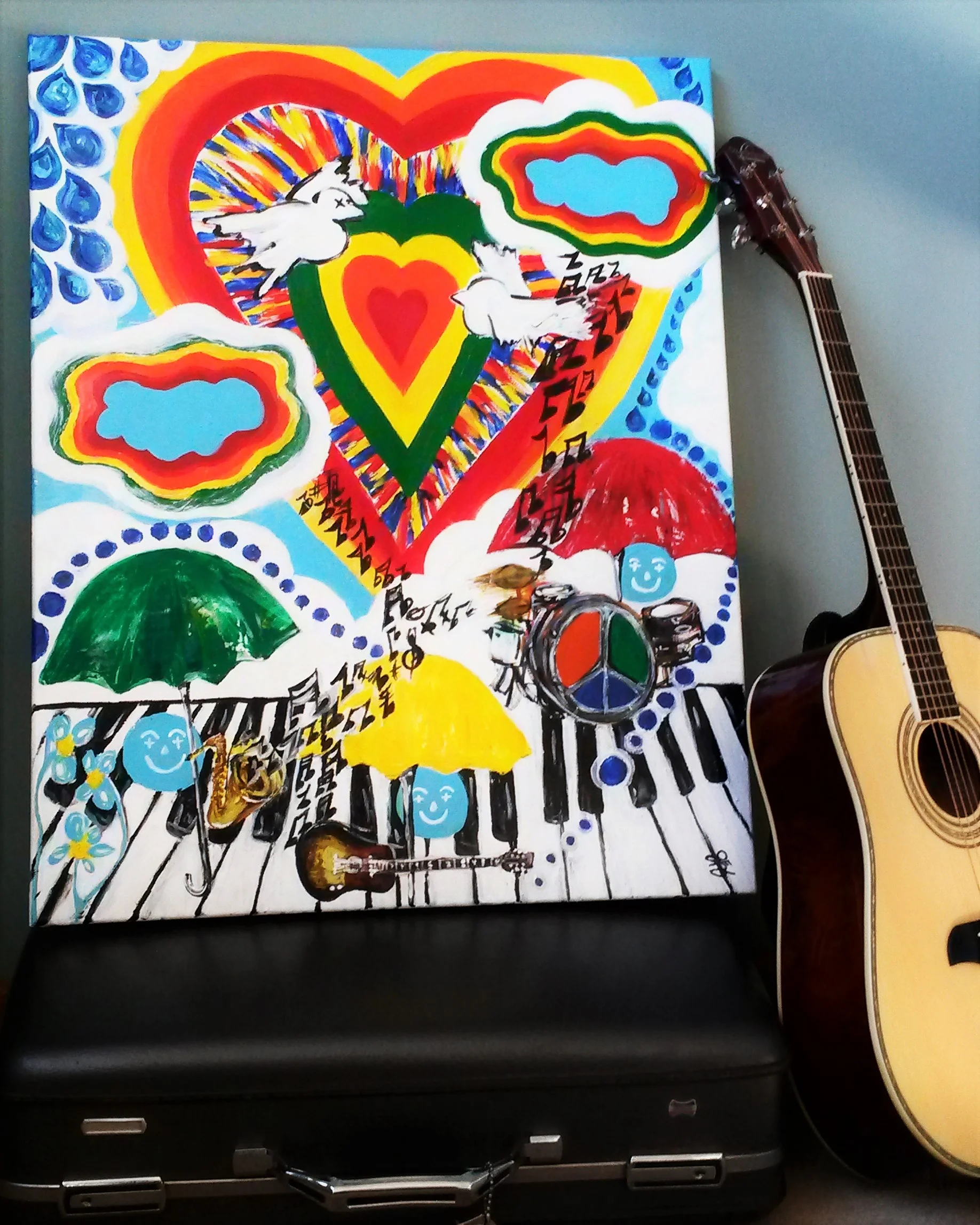 "While my Guitar Gently Weeps", 24x30, Acrylics on Canvas, 2015. Inspiration for this piece was "Rocky" the iconic guitar of George Harrison.