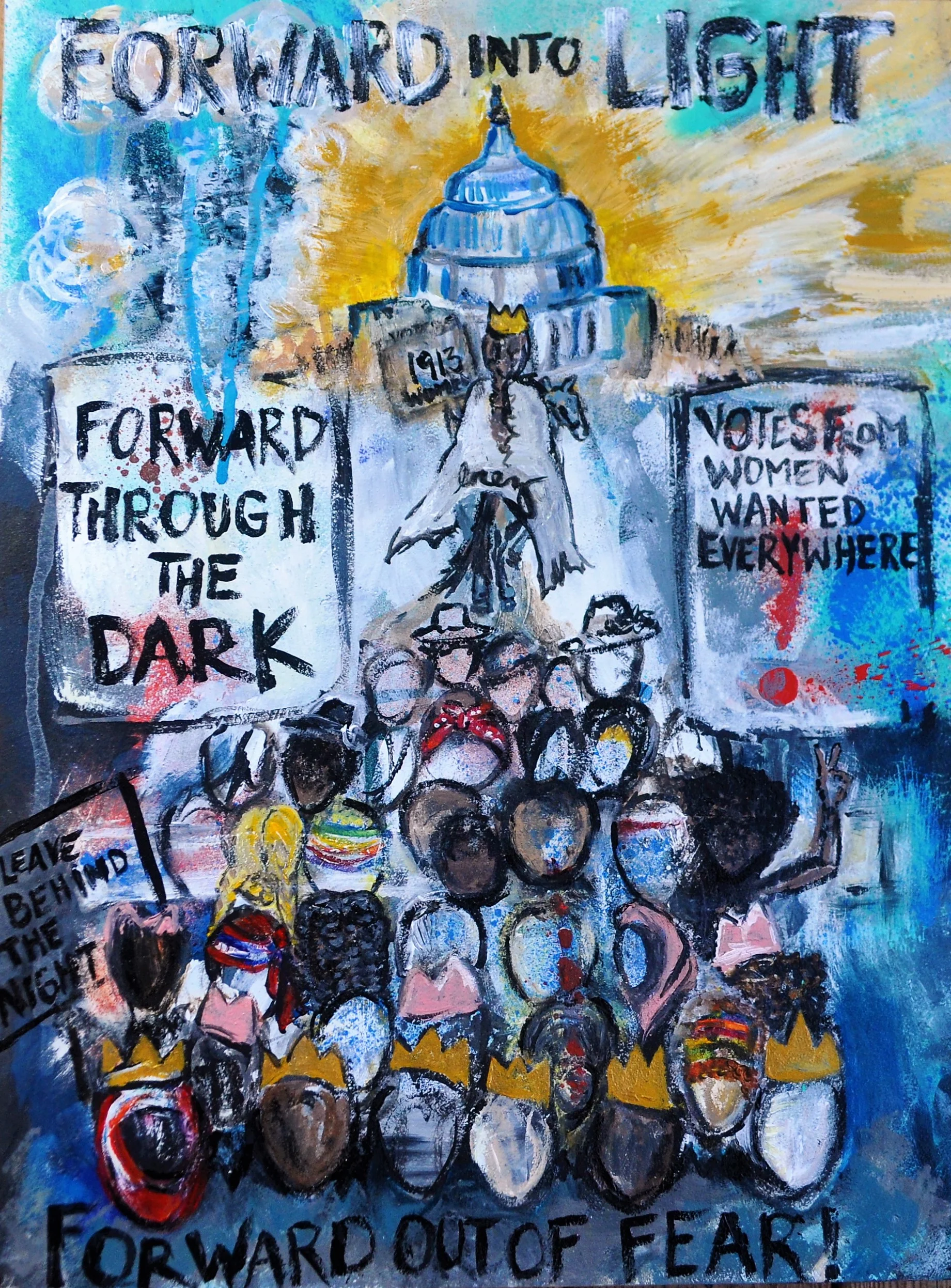 "Forward into Light", 16x20 acrylics on panel, 2018. Following the lead of the iconic suffragist Inez Mullholland a century of women march forward out of fear...