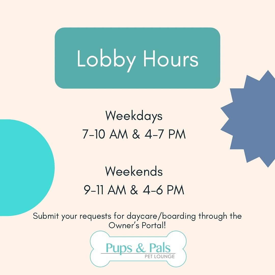 Here&rsquo;s a reminder of our lobby hours for everyone! Please note: Our hours on the weekends are different than the weekdays! Please respect our hours, as we are busy trying to get everything ready for your pups to come play each morning! Know tha