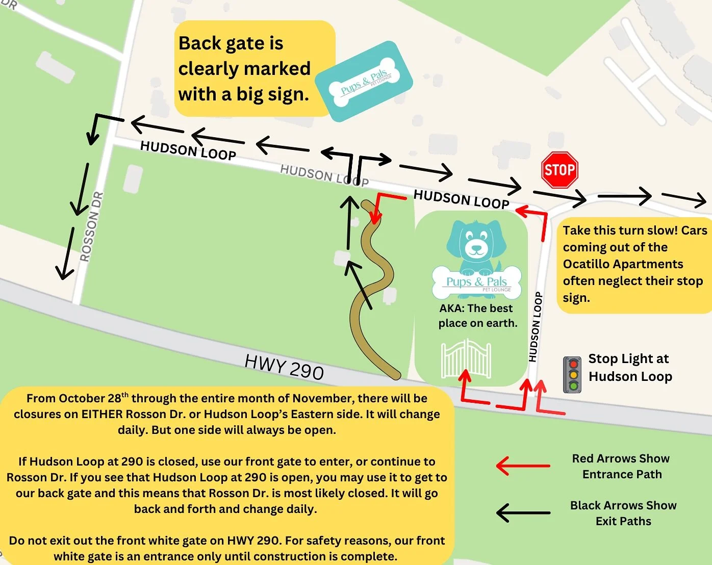 π§ Construction Updates! π§ Starting Tuesday, Oct. 28th, through the end of November, there will be daily closures on EITHER Rosson Dr. or Hudson Loop’s Eastern side. It will change daily. But one side will always be open.
If Hudson Loop at 29