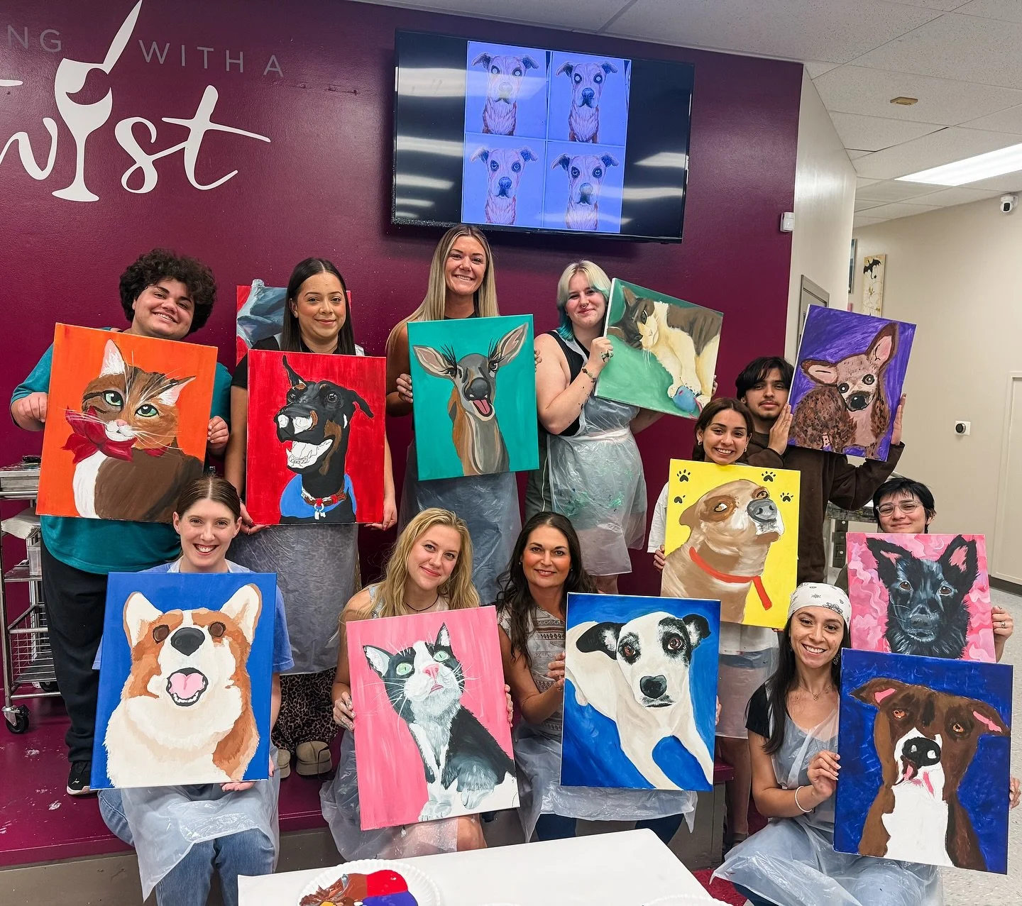 Pups &amp; Pals South Park staff outing to Painting with a Twist was so fun tonight! Who knew we had so many talented artists on our team! @paintingwithatwist @_._berenice @erinelspeth18 @dedelally @jess_n_atx @cait2gojobala @stephanie.anessa