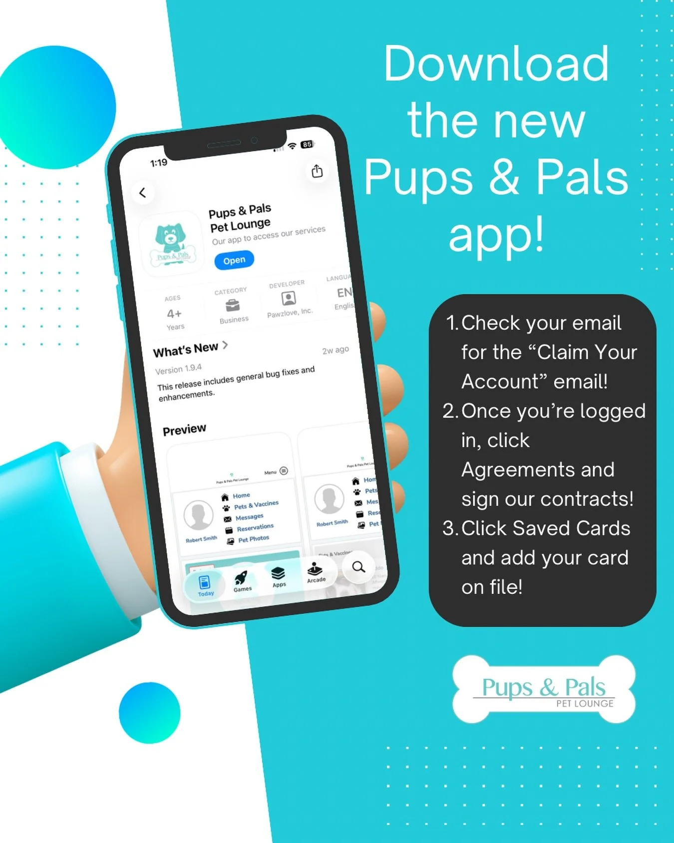 📲 Have you downloaded the new Pups &amp; Pals app!? 

📧 Check your email inbox for your &ldquo;Claim Your Account&rdquo; email!

📄 Once you&rsquo;re logged in, click the Agreements button and sign our contracts.

💳 Click Saved Cards and add your 