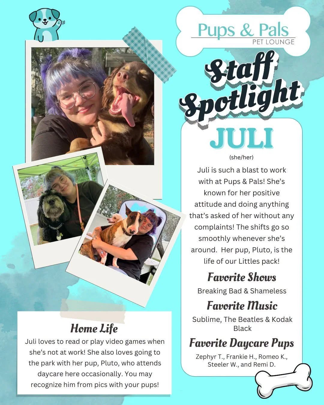 The Saturday Spotlight of this week is shining some light on Juli! 💙💫

Juli brings an amazingly positive and sweet attitude to her shifts here, which we cannot thank her enough for! She truly loves all of the pups so much and puts a lot of thought 
