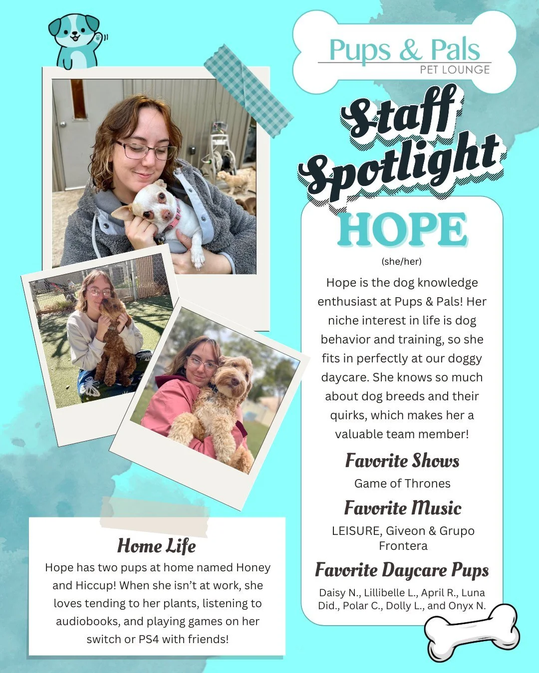 This week's Saturday Spotlight is for Miss Hope! 💙💫

Hope is one of our most dedicated interior workers here! While she loves dogs, she also loves keeping the interior looking nice and spotless whenever she's on shift. She's one of our funniest sta